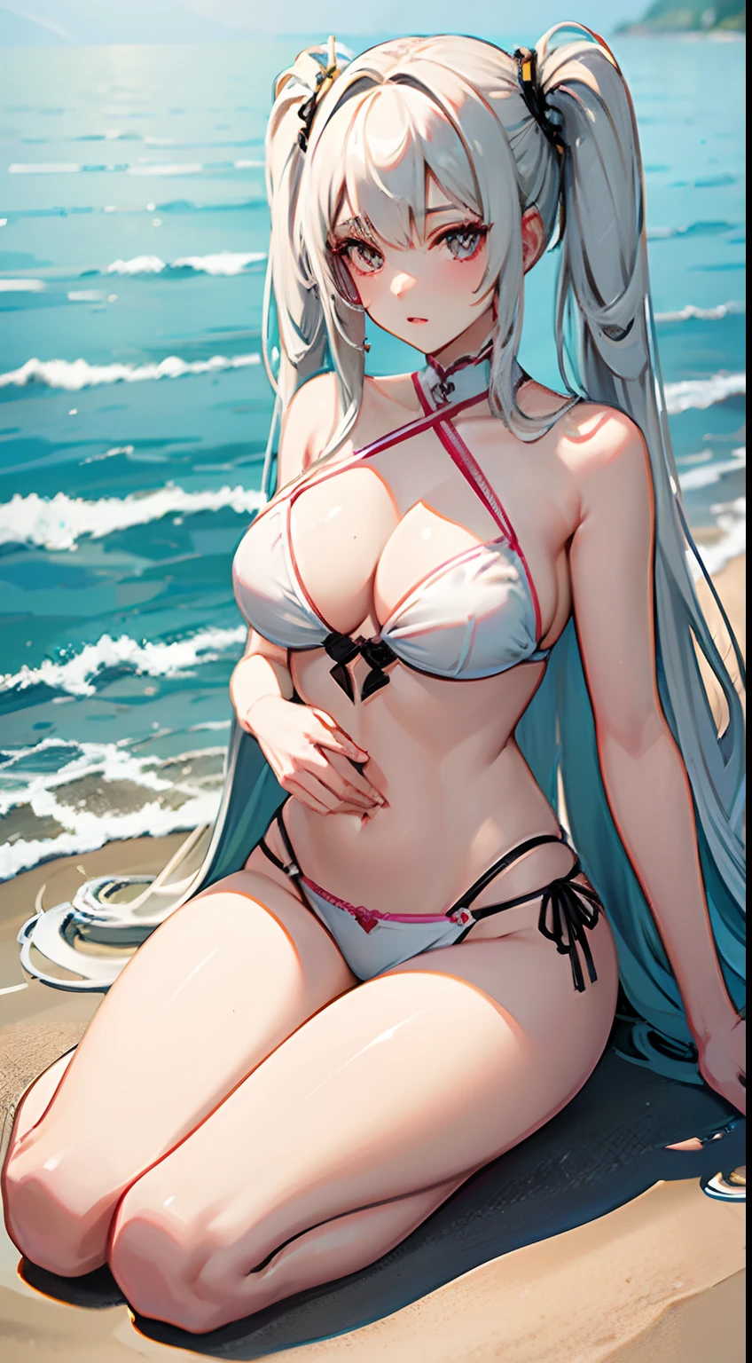 ((Best Quality)), (ultra-detailliert), ((Extremely detailed)), (Beautiful), ((Kawaii Girl)),(two side up hair)、((masutepiece)),Platinum Blonde Hair,Long hair, hair between eye, Wavy Hair, Long sideburns,Jade-colored eyes, White skin,Normal Chest,Slender body,Cross Halter Bikini,Sandals,Sitting,in beach,Look Camera,One Woman,Anime