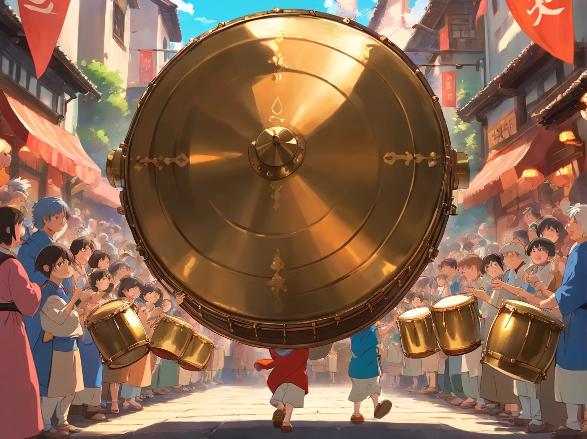 The little boy followed the crowd to the scene of the brass drum performance,I saw dozens of copper drums on display,People hold drumsticks,Wear traditional clothing,Playing brass drums with passion。
