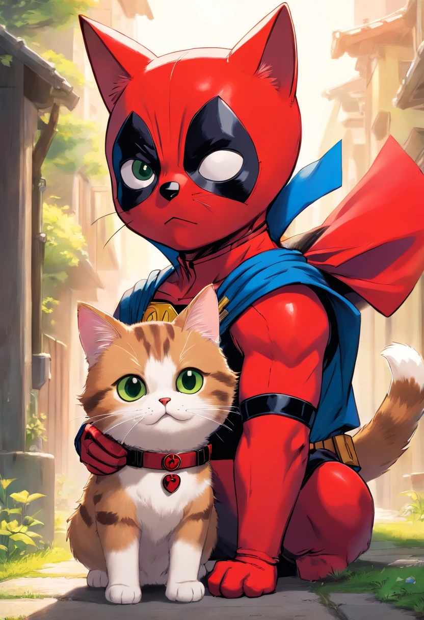 Cute cat as Deadpool and superman dog