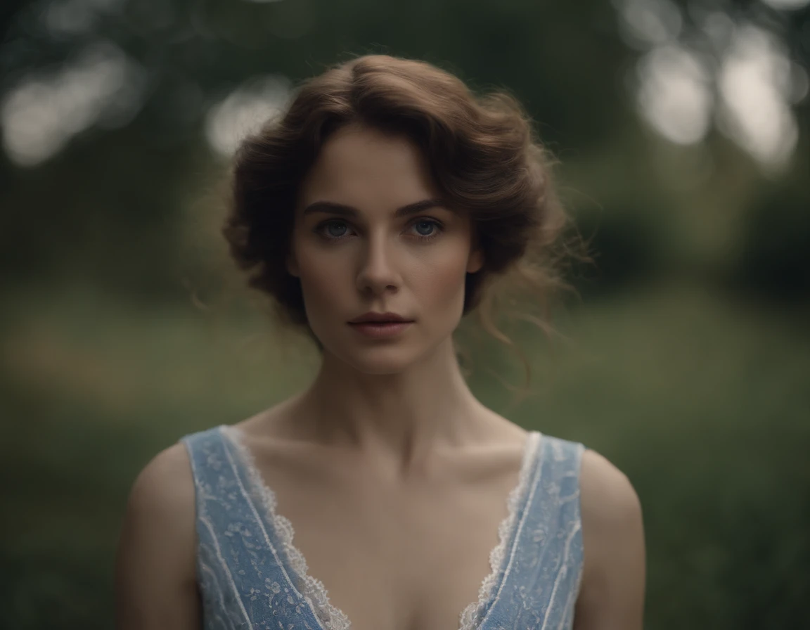 (symmetry),centered, ((fermer)) un portrait, (jeune femme ), une jeune femme blanche avec le visage de Marguerite Moreau, mince avec de beaux cheveux long chatains clair ,Dressed in a long white and blue dress,35 mm, peau ?? naturelle, Hyper detailed eyes, hyper realistic, Detail of clothing, Texture 8k, 8k, intricate high detail, hyperdétaillés, Realstic, soft cinematic light, Hdr, ((((cinematic look)))), Background dim light dark, complexe, elegant, highly detailed