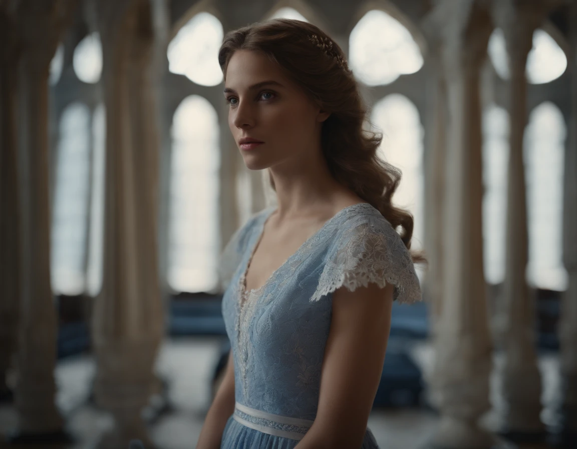 (symmetry),centered, ((fermer)) un portrait, (jeune femme ), une jeune femme blanche avec le visage de Marguerite Moreau, mince avec de beaux cheveux long chatains clair ,Dressed in a long white and blue dress,35 mm, peau nu naturelle, Hyper detailed eyes, hyper realistic, Detail of clothing, Texture 8k, 8k, intricate high detail, hyperdétaillés, Realstic, soft cinematic light, Hdr, ((((cinematic look)))), Background dim light dark, complexe, elegant, highly detailed