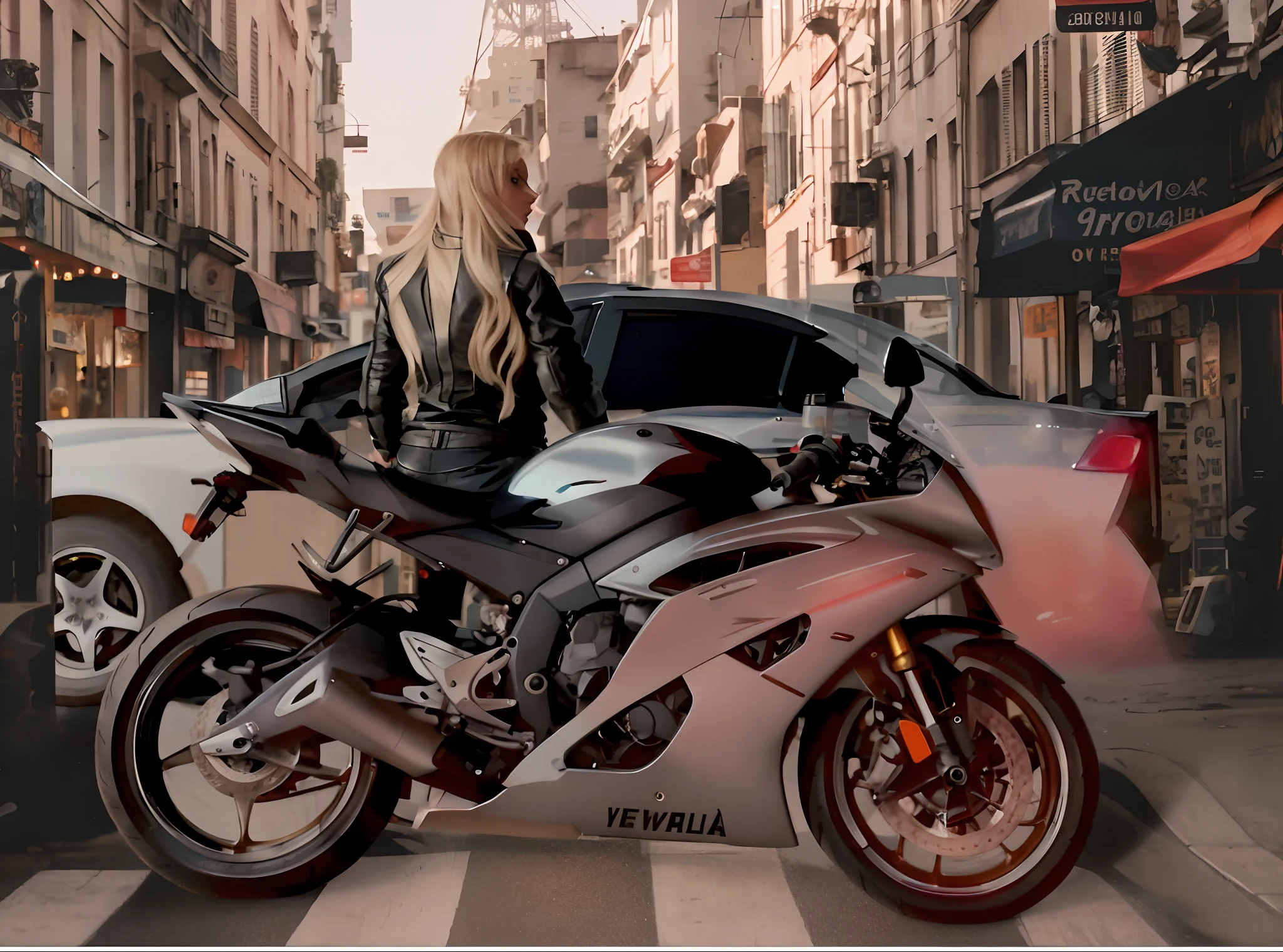 Blonde woman sitting on a motorcycle on a city street, sitting on cyberpunk motorbike, Motorcycle, motorcycle, motorcyclist, riding on a motorcycle, Riding a futuristic motorcycle, Sitting on a motorcycle, inspired by Vincent Lefevre, Raphael Collin, Riding a motorcycle on the street, picture of a female biker, made with photoshop, motorcycle, Vincent Lefebvre