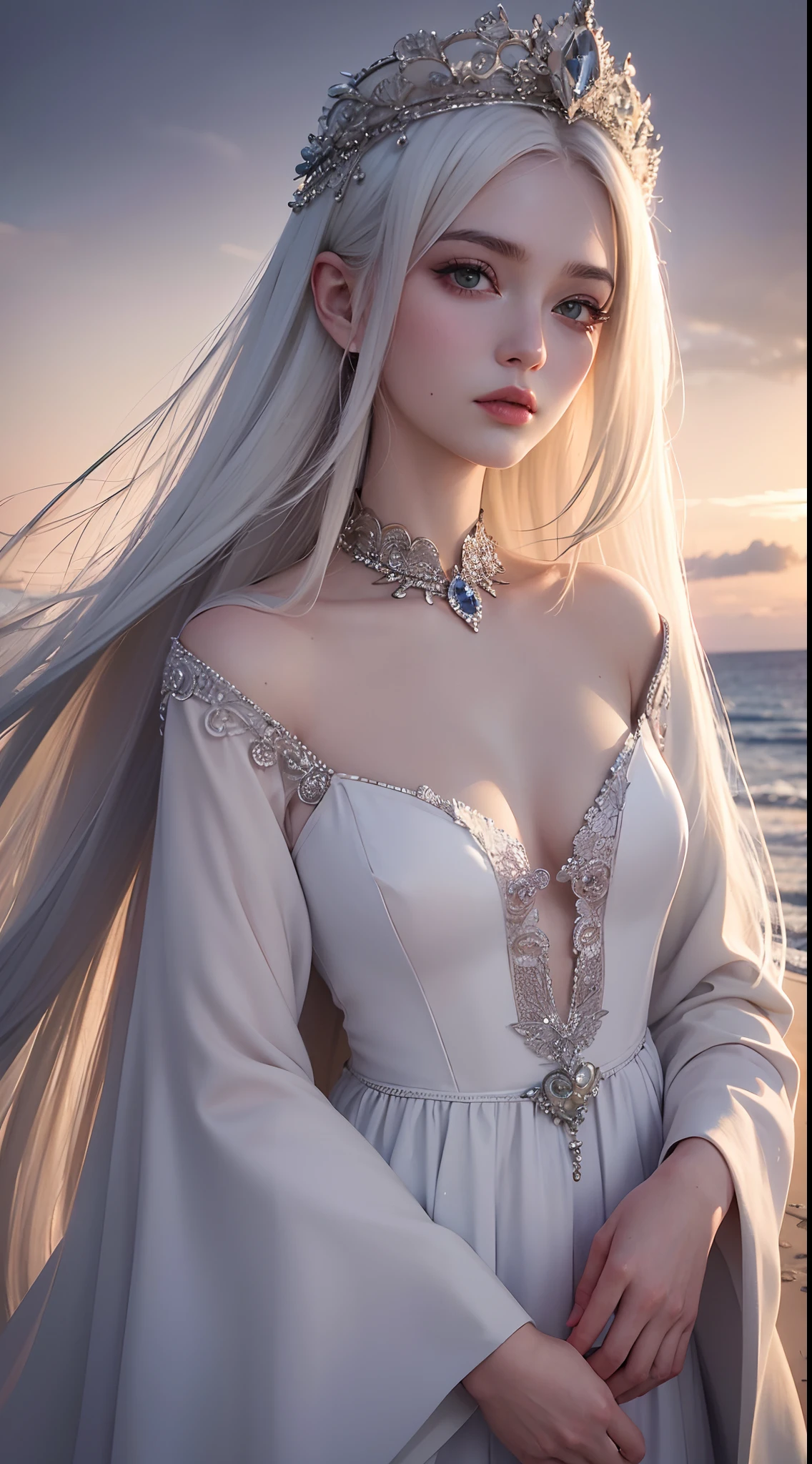 Masterpiece, Highest quality, (solofocus), (Perfect face:1.1), (High detail:1.1), (hyper detail eyes), Dramatic, 1人, (Pale skin), Long white hair, Ethereal eyes, (Light eyebrows), Solo, Long hair, JTiago Azevedo, Moon, Night, white luxury suit, pouty lips, fur, proud expression,beach, Detailed background, Art germ, Cinematic lighting, rosette, Fashion, BalenciagaStyle