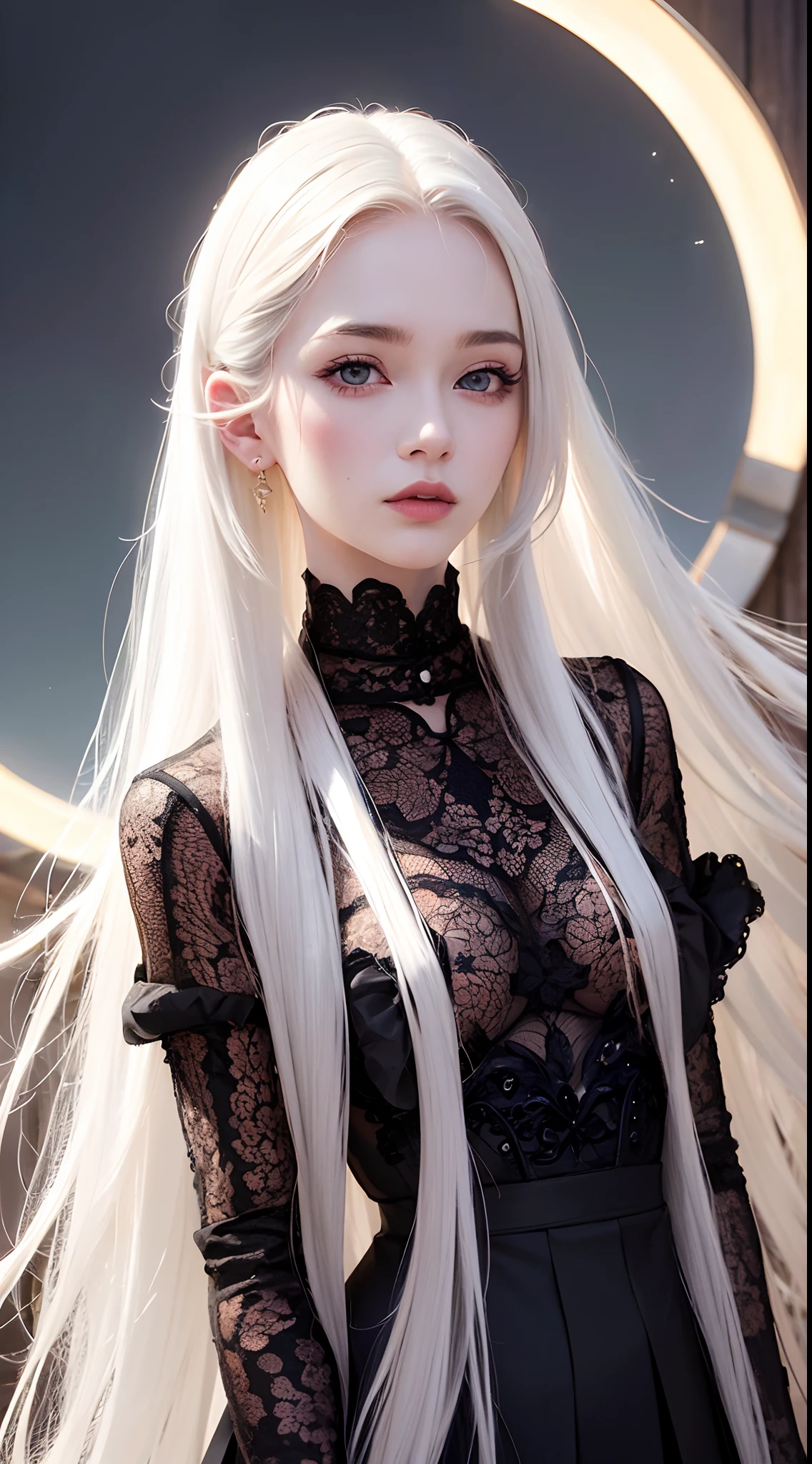 Masterpiece, Highest quality, (solofocus), (Perfect face:1.1), (High detail:1.1), (hyper detail eyes), Dramatic, 1人, (Pale skin), Long white hair, Ethereal eyes, (Light eyebrows), Solo, Long hair, JTiago Azevedo, Moon, Night, white luxury suit, pouty lips, fur, proud expression,beach, Detailed background, Art germ, Cinematic lighting, rosette, Fashion, BalenciagaStyle