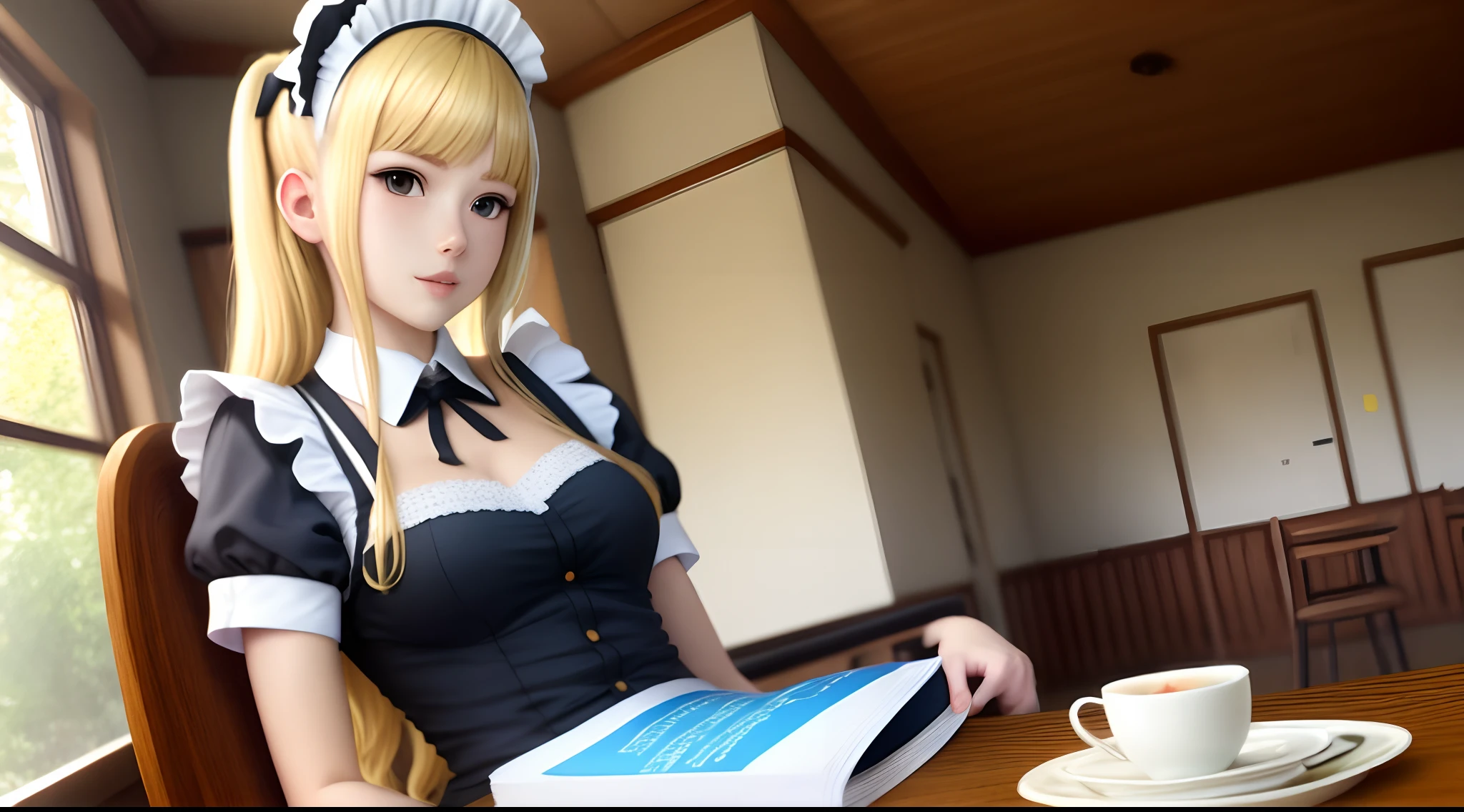 Blonde, anime, maid, sitting on table,