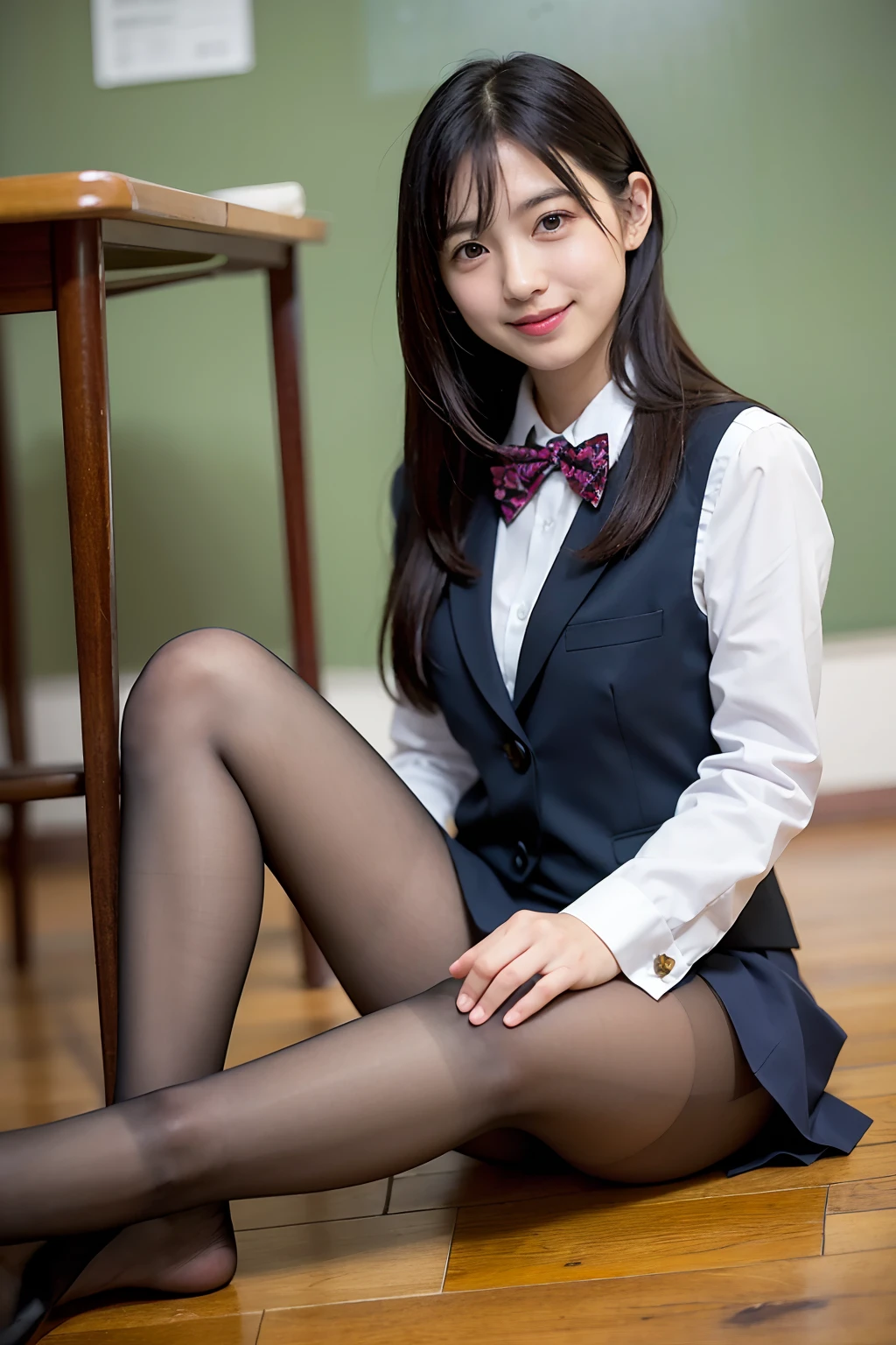 Professional, (4k photos:1.1) 、there is a woman in a suit and bow tie sitting on the floor, bent at the knees、Wear ultra-realistic pantyhose、Cute Schoolgirl, Seifuku, a hyperrealistic schoolgirl, in a strict suit, Smile of shame、Japan school uniform, School Girl, dressed as schoolgirl, japanese girl school uniform, Girl in suit