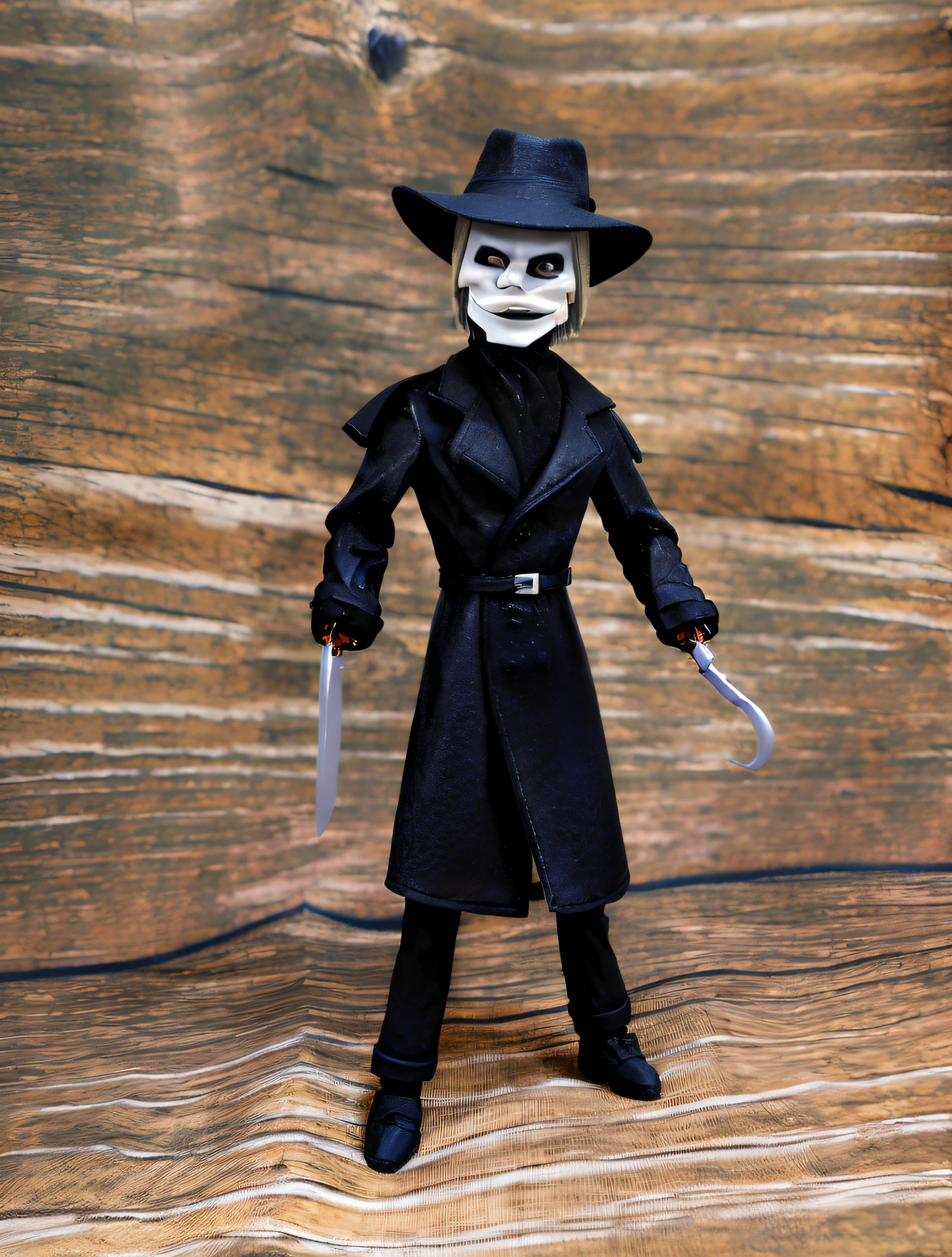Blademan, photo \(object\), 3d \(artwork\), full body, from front position, standing, looking at viewer, lips apart, evil grin, arms by side, legs apart, black hat \(villainous\), white face, grey hair, black coat, black shirt, silver buckle, black pants, black footwear