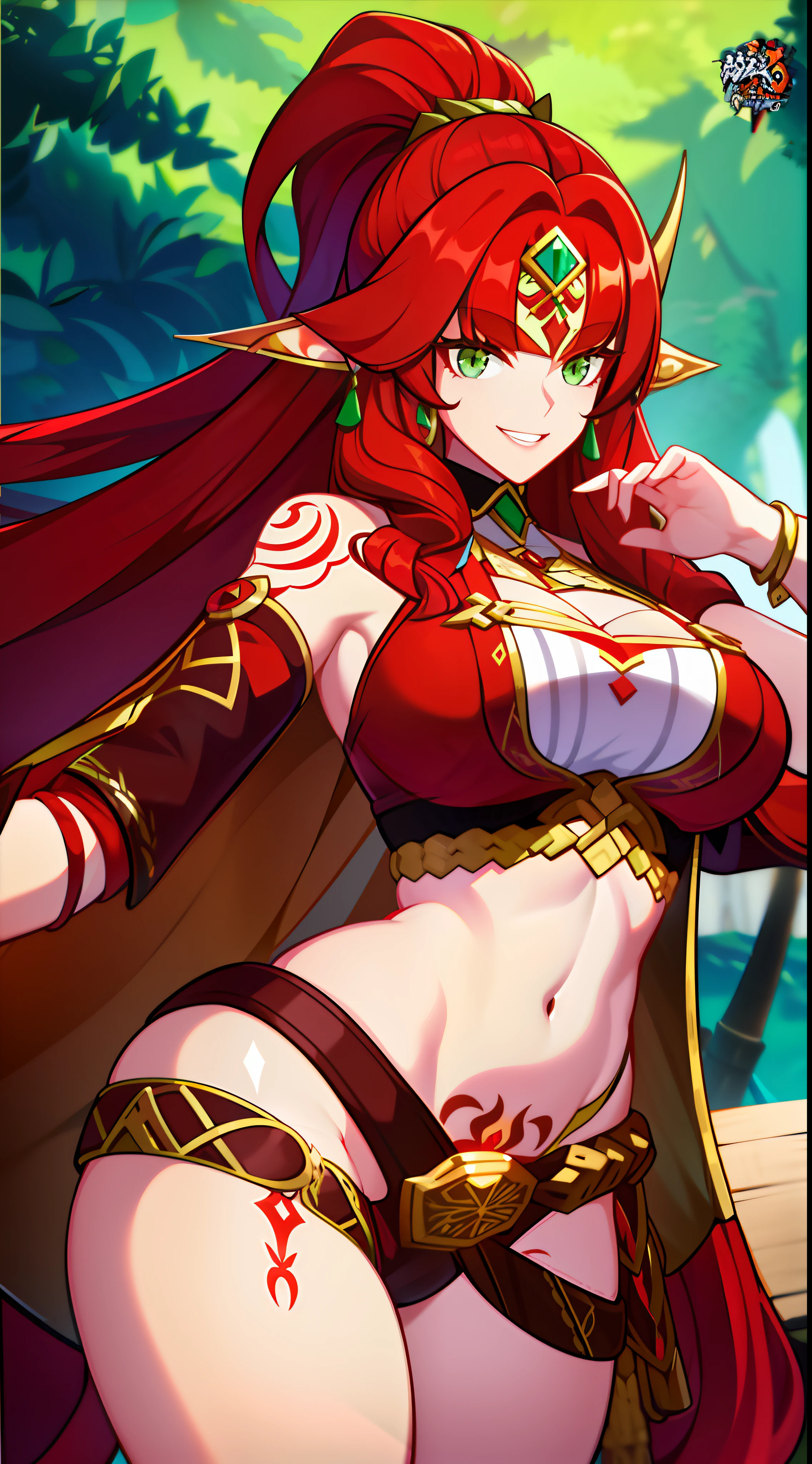 young girl, long curly red hair, Green eyes, large breasts, musculature, barbarian, Smile, teeth, Futhark tattoo, Dressed in a bearskin, Sleeves, open belly, open breasts, Masterpiece, hiquality, 4k, HD, Good detail