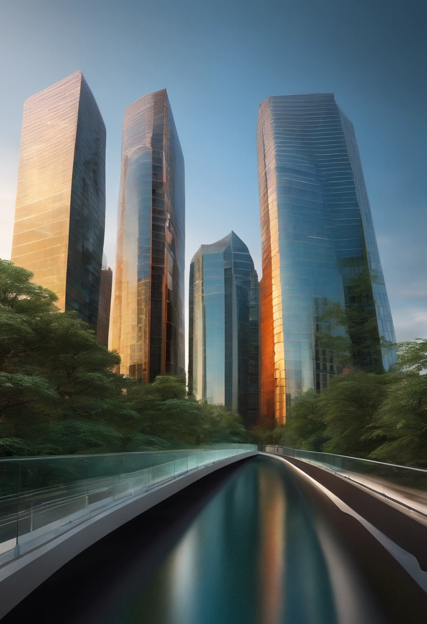 Realistic 4 twin skyscrapers with glass bridges