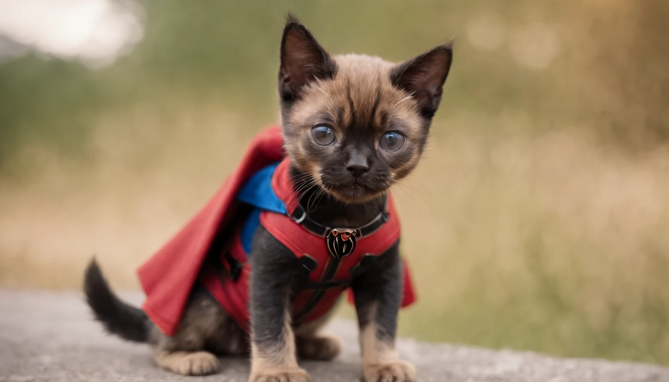 Cute cat as Deadpool and superman dog