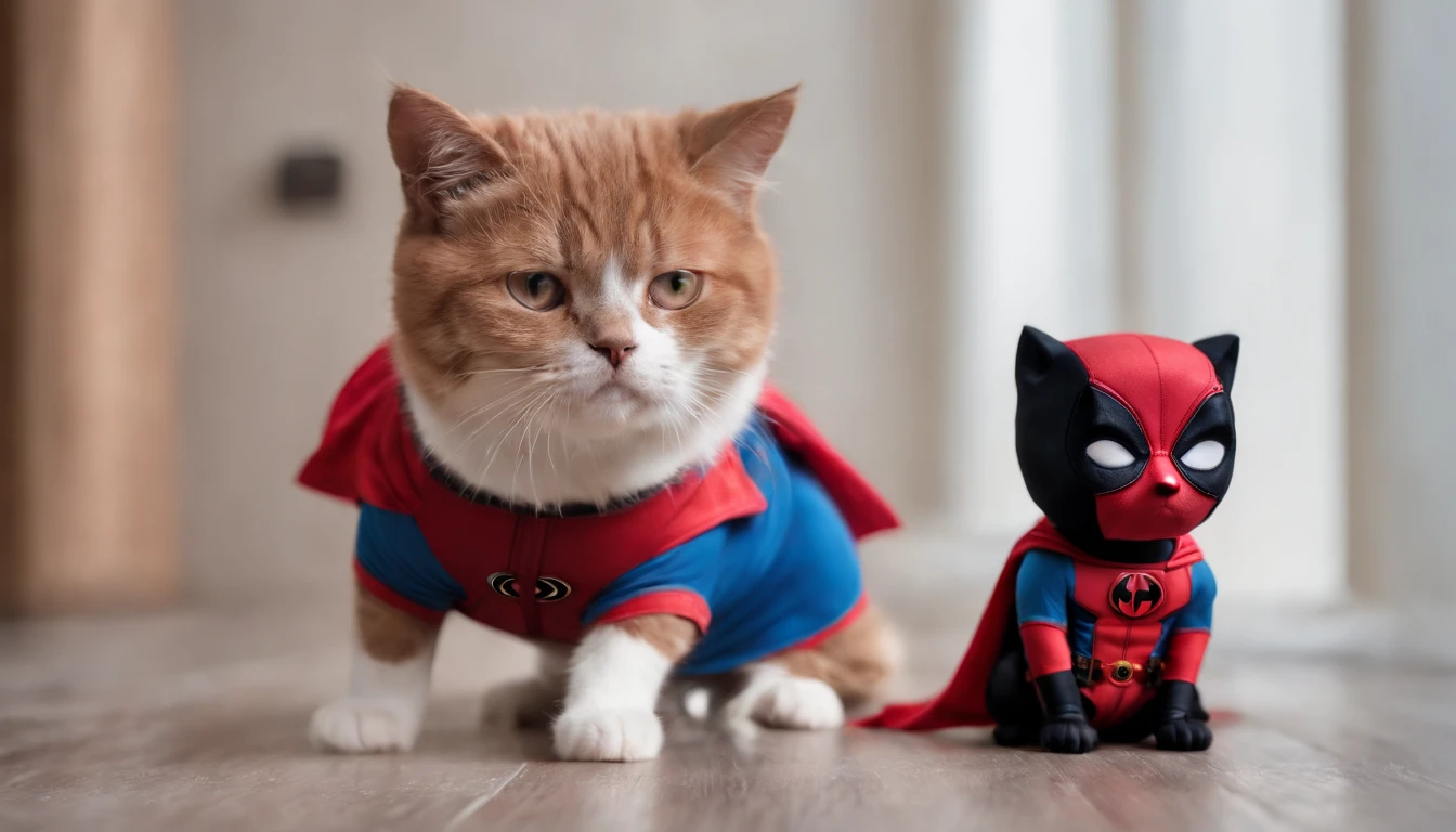 Cute cat as Deadpool and superman dog