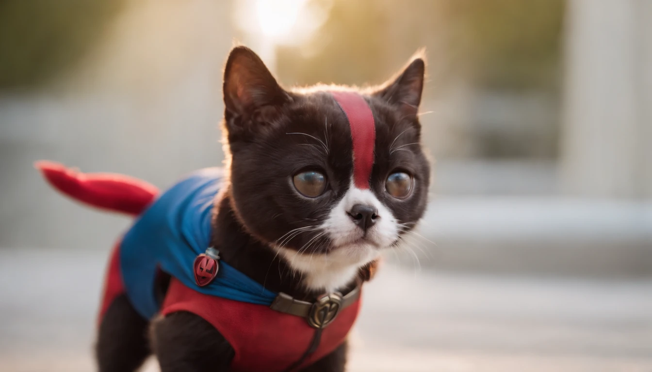 Cute cat as Deadpool and superman dog