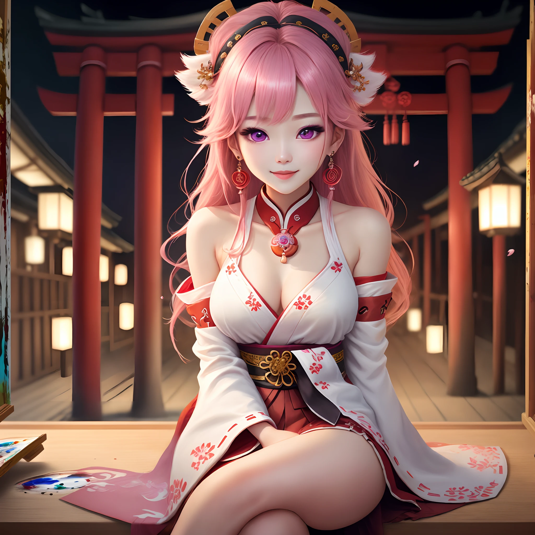 1girll, (Ulzzang-6500:0.7), Kpop idol, Yae Miko, Detached sleeves, Bare shoulders, Pink hair, Long hair, Japanese clothes, Best quality, (Painting:1.5), (hair adornments:1.35), jewelry, Purple eyes, Earrings, Breasts, Torii, Cherry blossoms, Lantern light, Depth of field, Detailed face, Face focus, ribbon_Trim, (view the viewer:1.25), nontraditional miko, Shiny skin, Long sleeves, Smile, Thick lips, Game CG, hands on lips, east asian architecture, (The background is blurred out:1.2), Sitting, Upper body,