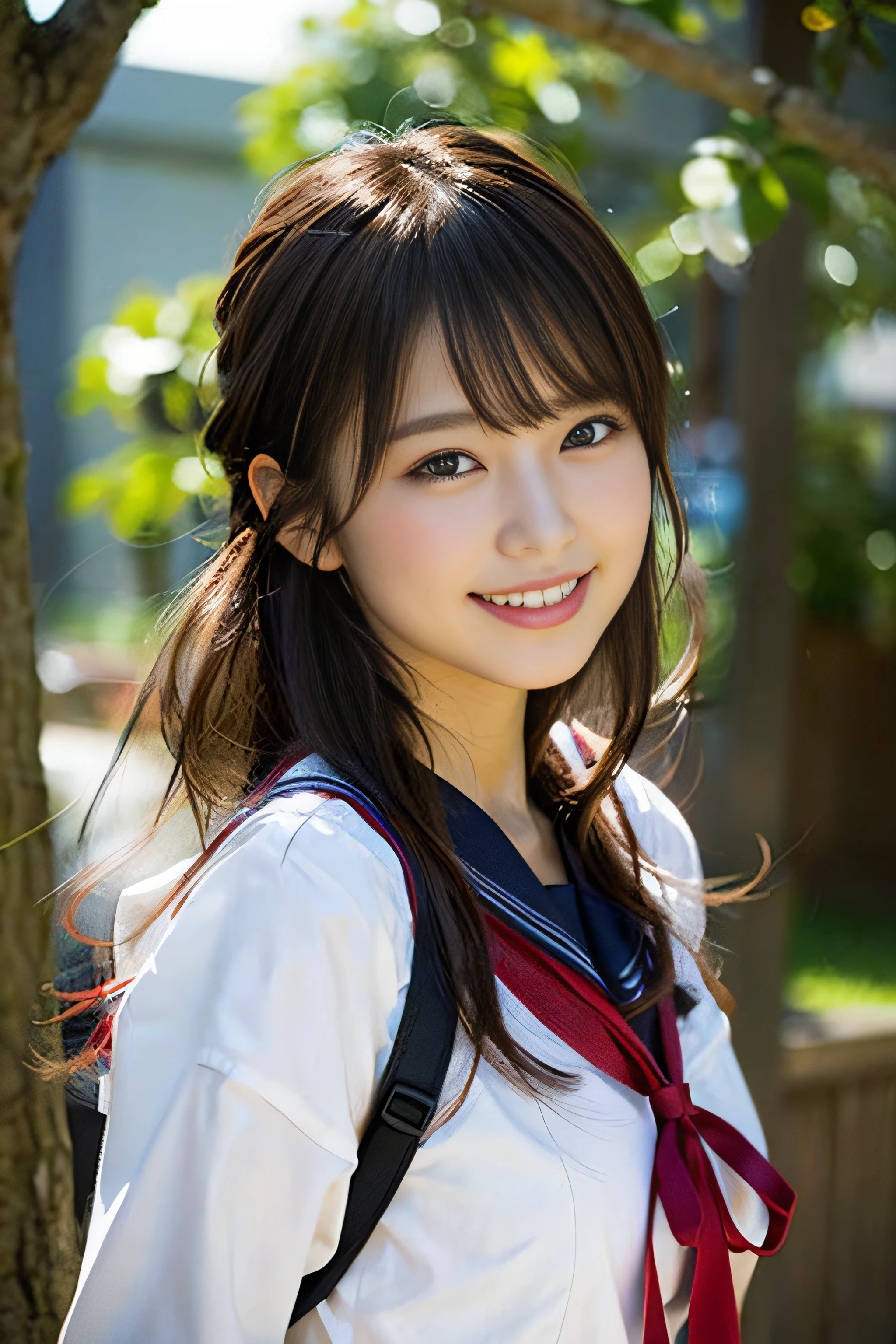 (8K、Raw photography、top-quality、masterpiece:1.2)、(realisitic、Photorealsitic:1.37)、ultra-detailliert、超A high resolution、女の子1人、see the beholder、beautifull detailed face、A smile、Constriction、(Slim waist) :1.3)、Beautiful detailed skin、Skin Texture、Floating hair、Professional Lighting、Whole human body、a blond、japanese hight school uniform、a sailor suit、Twin Hairstyles、E-cup、Happy smile、sixteen years old、Red ribbons、a baby face、in woods、Tree of the Rising Sun々Passing sunshine、Deities々Shikai、Hair fluttering in the wind、the wind、Commuting to school、School route、head phone、Listening to music