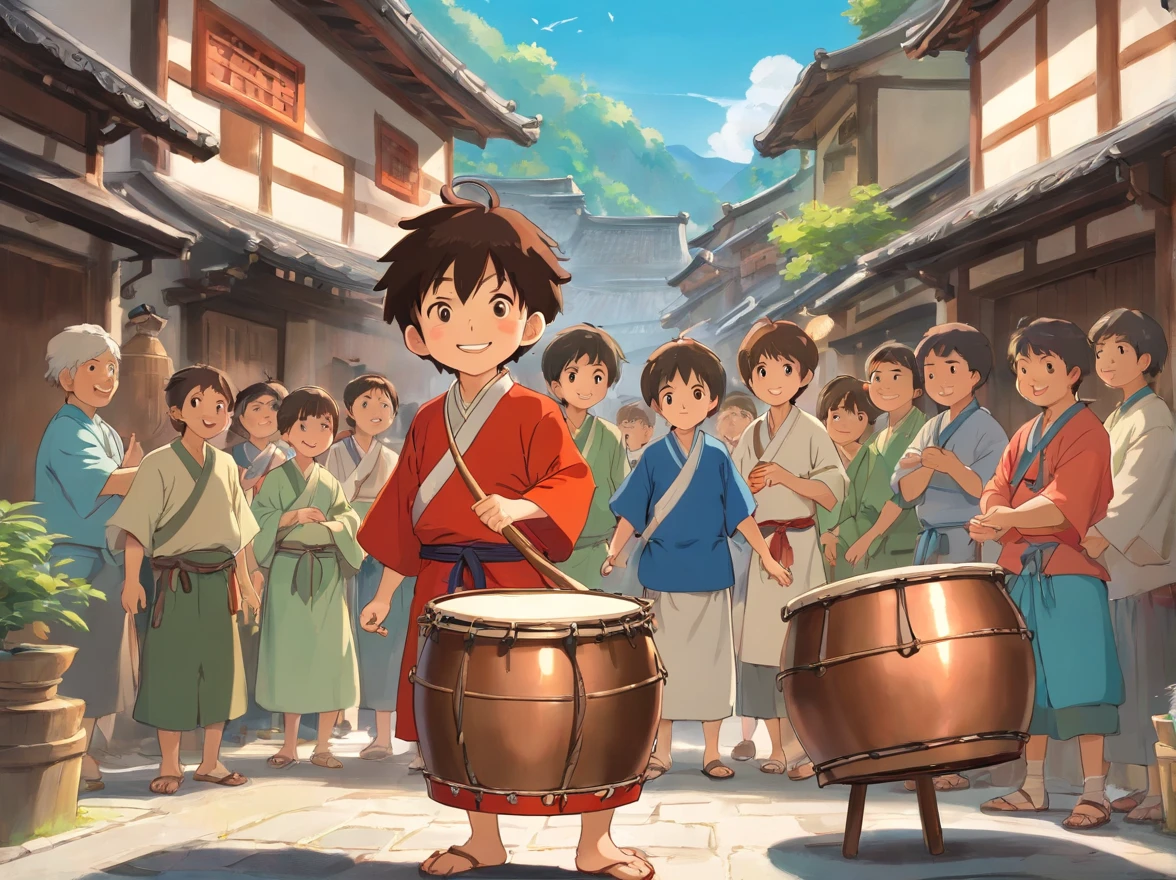 The little boy stands in the middle of the village,People around them wear traditional Zhuang costumes,Banging copper drums with a smile on his face