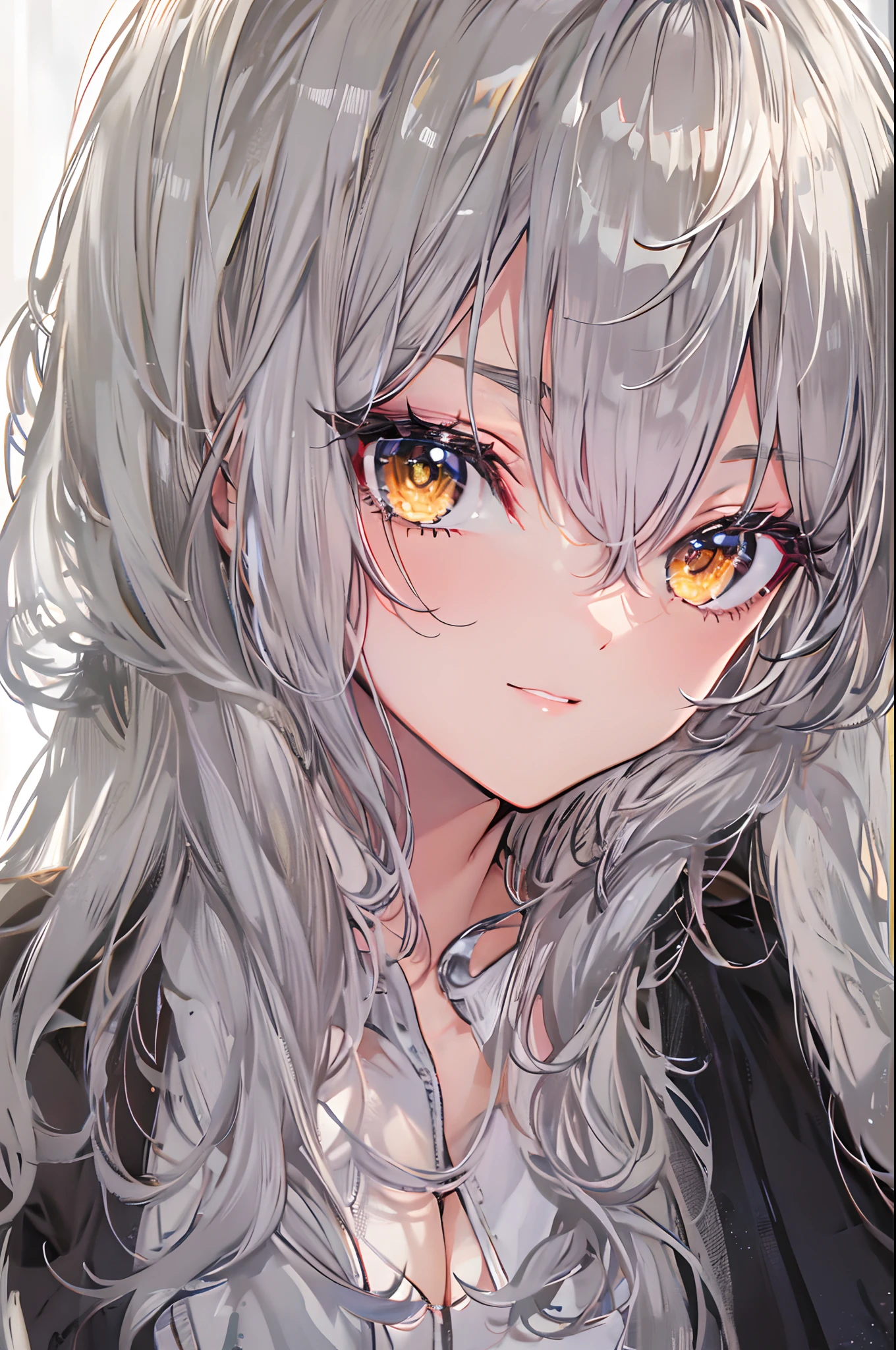 Woman using computer with big screen、silber hair、Semi-long hair,{{{{{{{{ Black Parker Oversize }}}}}}}},beautiful and delicate golden eyes,Thinking,Black clothes,
