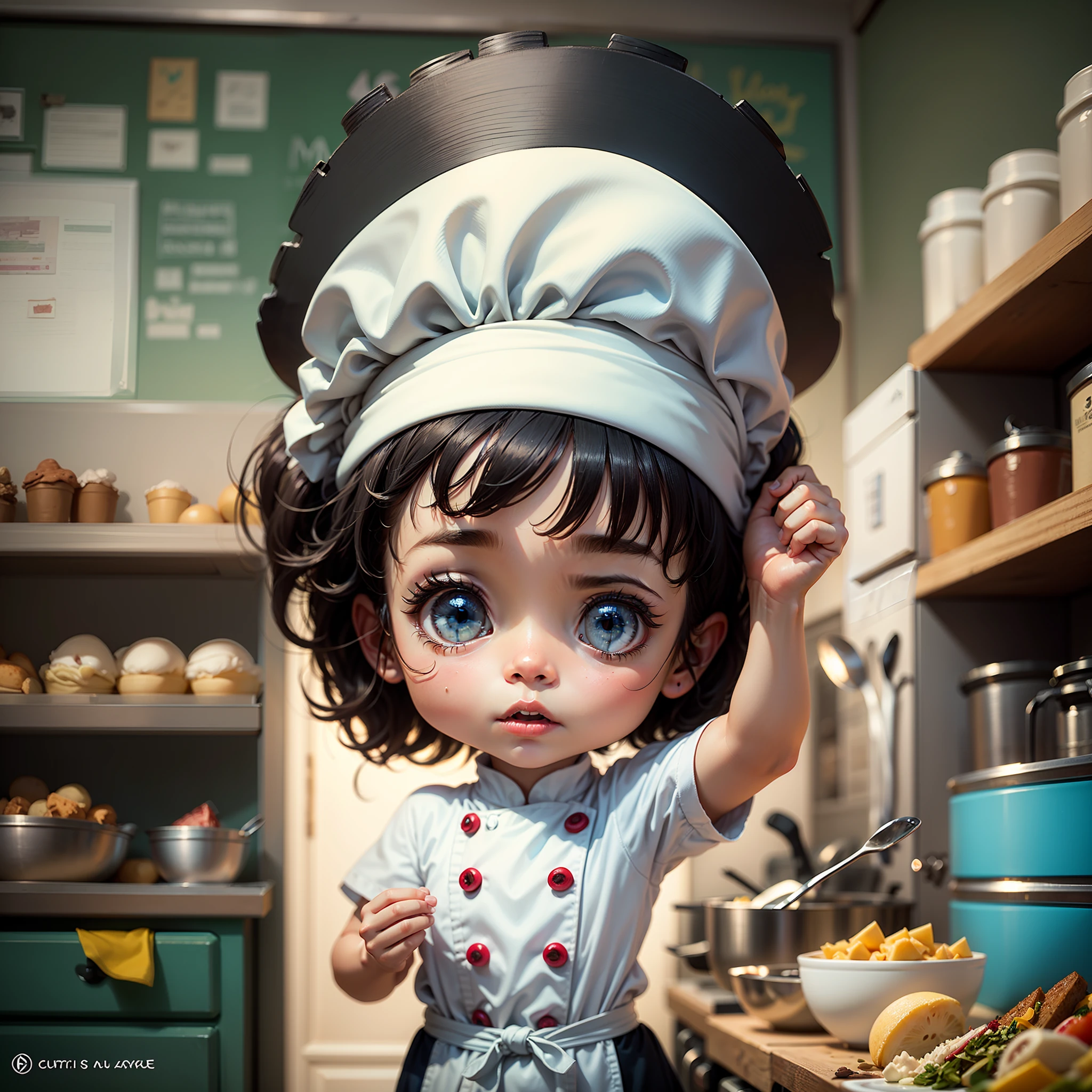 Uma imagem estilo capa de filme da PIXAR, with a black baby with a big head and a cartoon style chef hat  , and title written below: "Chef Zezé". --auto --s2