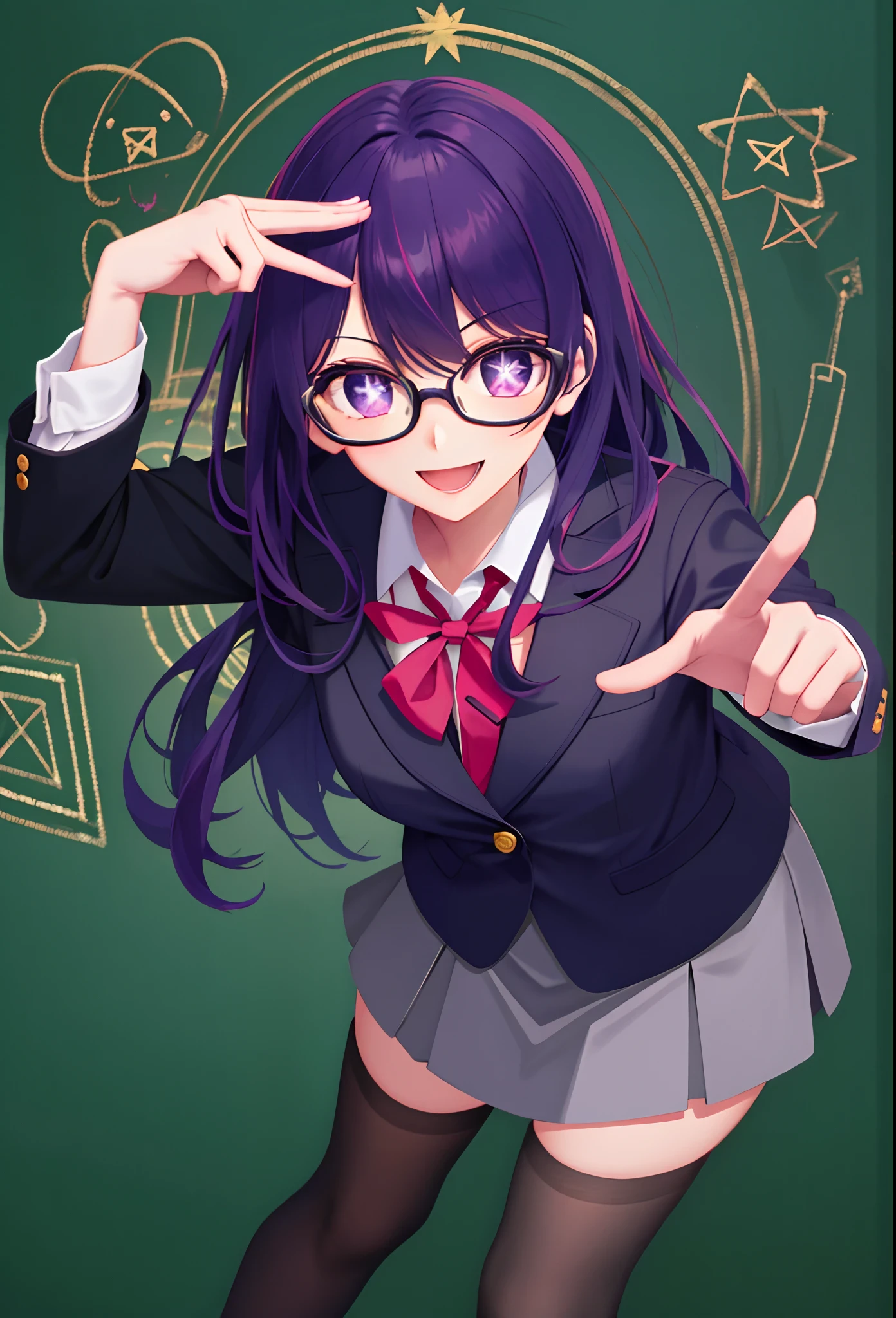 one-girl,Pentagram in the eye,Gorgeous Hair in Long Purple,(((wears glasses))),Business suit,lectern,blackboards,chalk,Smile,Open mouth,short skirt