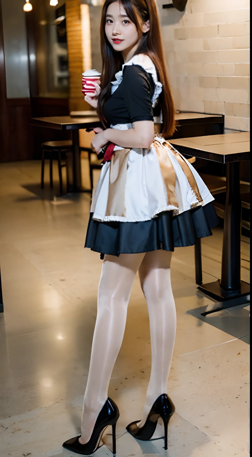 promotional shot, The place is a coffee shop, 1 girl, 16 year old face, The waitress brought the cake to the table, Red-haired two-tailed, Gentle face, Gothic Lolita semi-costume and maid costume with strawberry image, Clothes that are mainly white,Flesh-colored pantyhose，high-heels