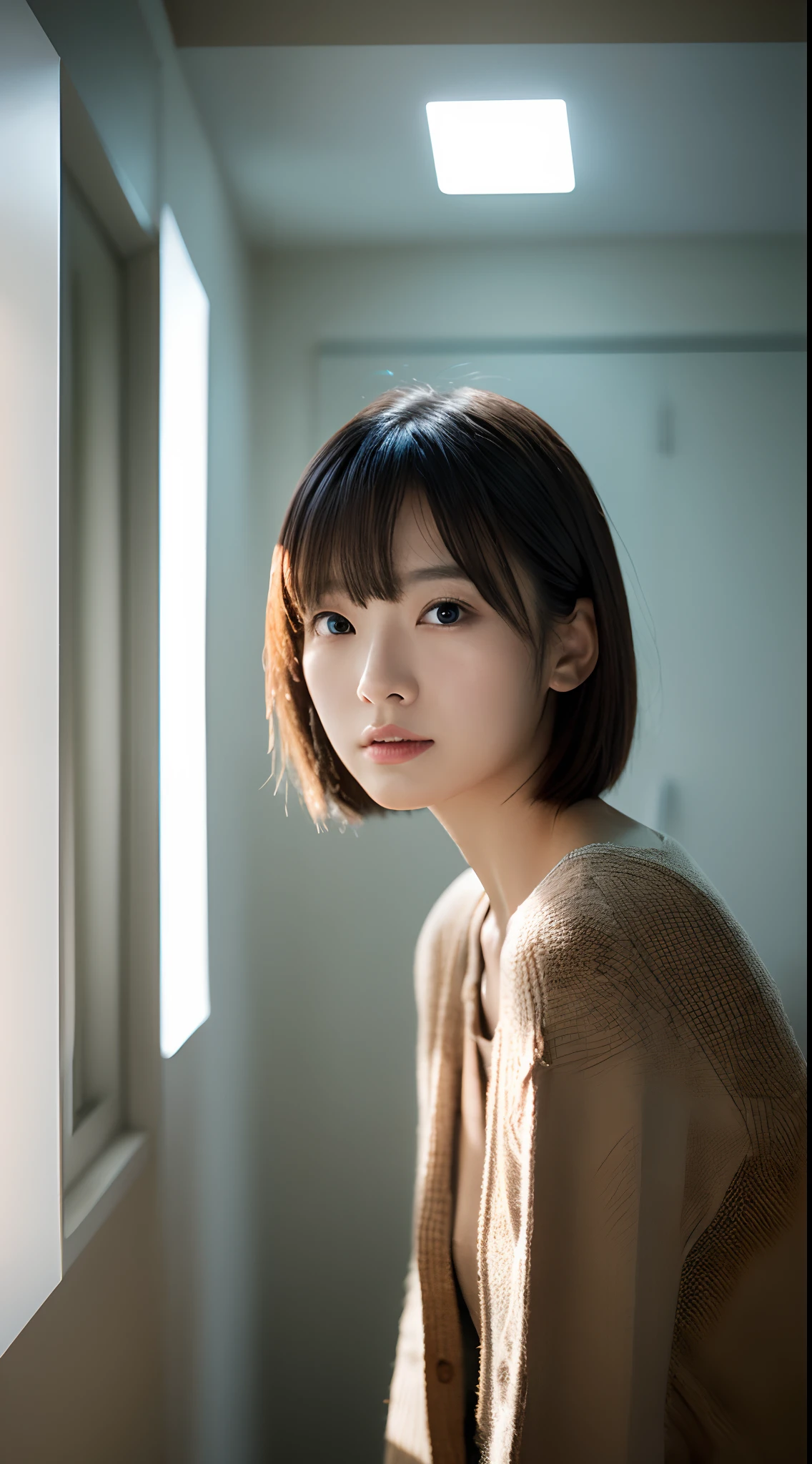 ((masterpiece:1.4、top-quality))、(photographrealistic:1.4)、profetional lighting、physically-based renderingt,Cowboy Shot,Short hair、layers-Cut、A dark-haired、extra detailed face、Detailed skin、(Women in Japan:1.05)、age 30s、thin bunches of bangs、knit、White Room、white walls、Bright lighting