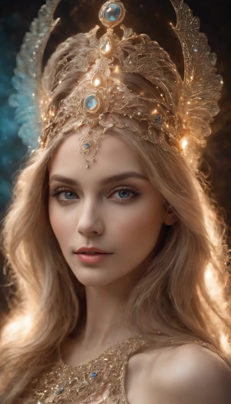 (best quality,4k,8k,Altas,master part), ultra-detalhado,(Realistic,fotorrealista,photo-realistic), Angelic woman with a mechanical body, Cyber Members & Resources,belos olhos detalhados,beautiful detailed lips,silver metallic skin, olhos brilhantes, chamas vibrantes, aura poderosa, energia intensa, Penas flamejantes[best quality], Detailed metallic textures, efeitos incandescentes, dynamic compositing, cores vibrantes, etherial lighting. (cosmico,celestial) Power-ups and explosions,beleza sobrenatural,Transformative experience,Despertar Espiritual,emerging from the darkness, glowing circuitry patterns,Ethereal halo above your head,luzes neon coloridas refletindo em seu corpo, ethereal atmosphere,Formas evolutivas,simetria divina,Surreal Dimensions,illusory effects,Aura luminosa,calor intenso e chamas,Raios de luz deslumbrantes, serene expression on his face,pose flutuante graciosa,Aura serena e misteriosa,esquivo e elegante,paleta de cores suave com um toque de azul,soft and diffuse lighting,Creating a dreamlike environment.