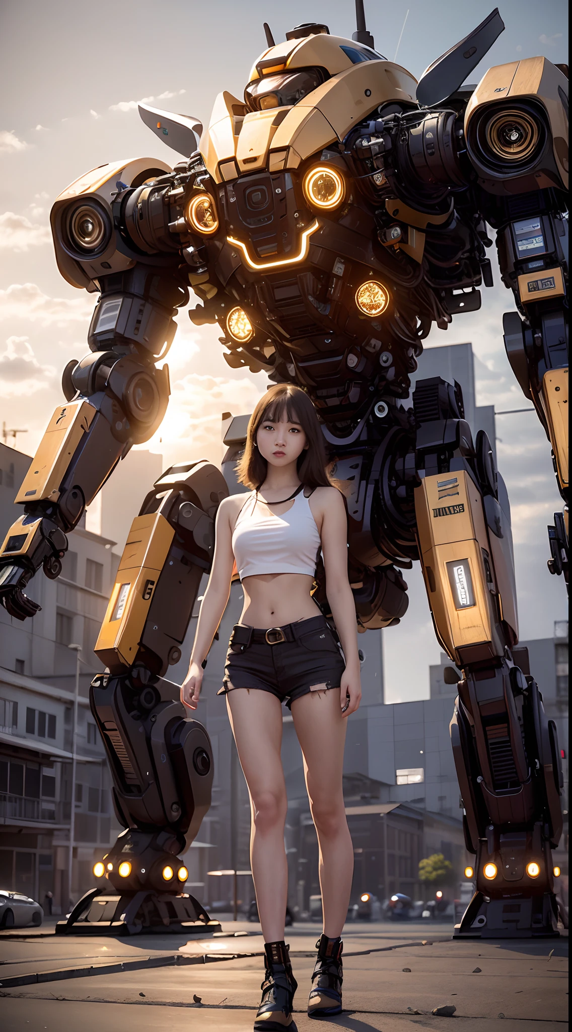 ((masterpiece, best quality)),illustration,ultra detailed 8k,photorealistic,sharp focus,highly detailed,professional lighting,colorful details,iridescent colors BREAK extreme long shot of a factory,large mechanical robot construction,microchip,computer,glowing,intricate details,1girl is standing in front of the audience,