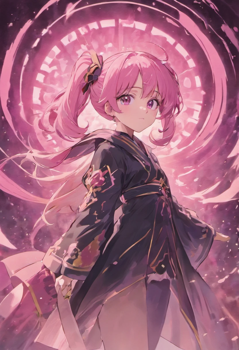 Lacus clyne, pink hair, ponytail, black clothes with pink patterns, white robes