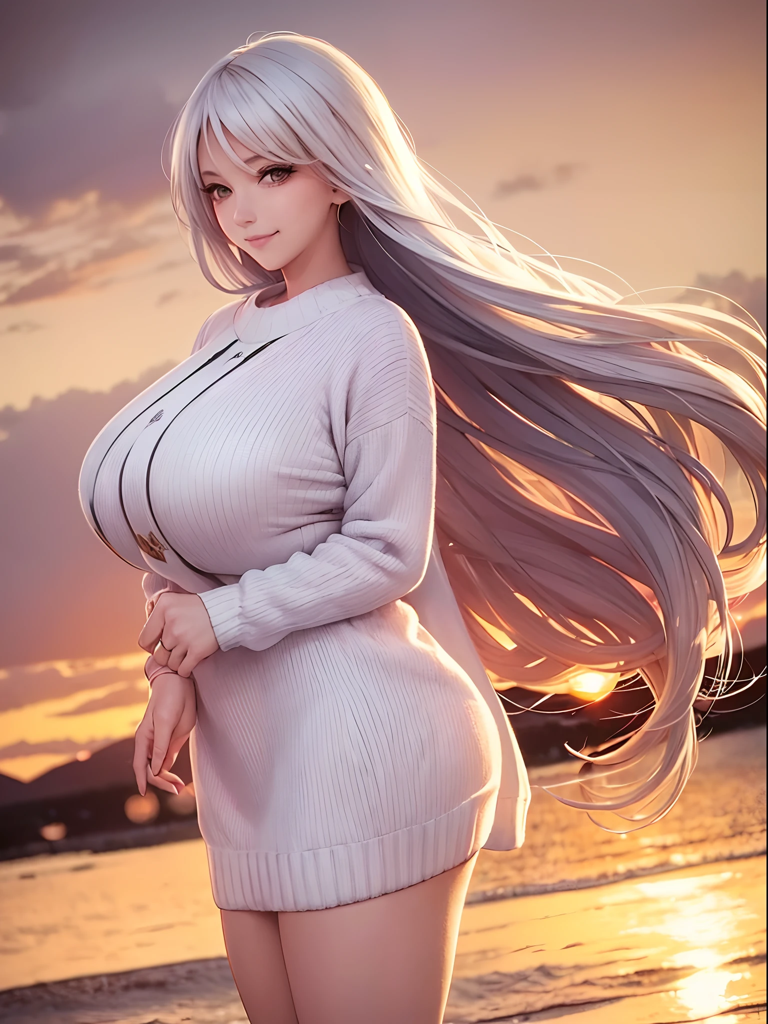 A beautiful  woman with very long hair and a gentle smile and a beautiful sunset in the background,((white summer sweater is huge  inflated )) ,anime,japan comic,