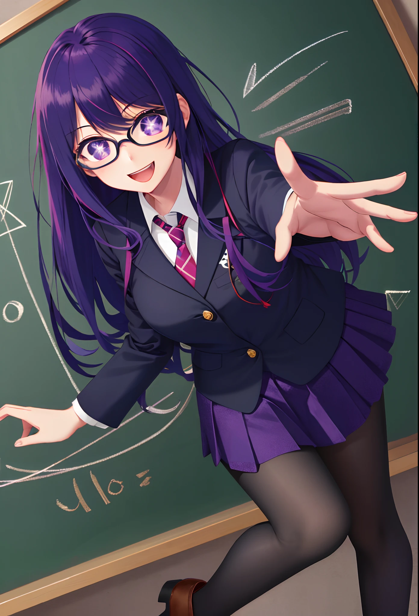 one-girl，Pentagram in the eye，Gorgeous Hair in Long Purple，（（（wears glasses））），Business suit，lectern，blackboards，chalk，Smile，Open mouth，short  skirt