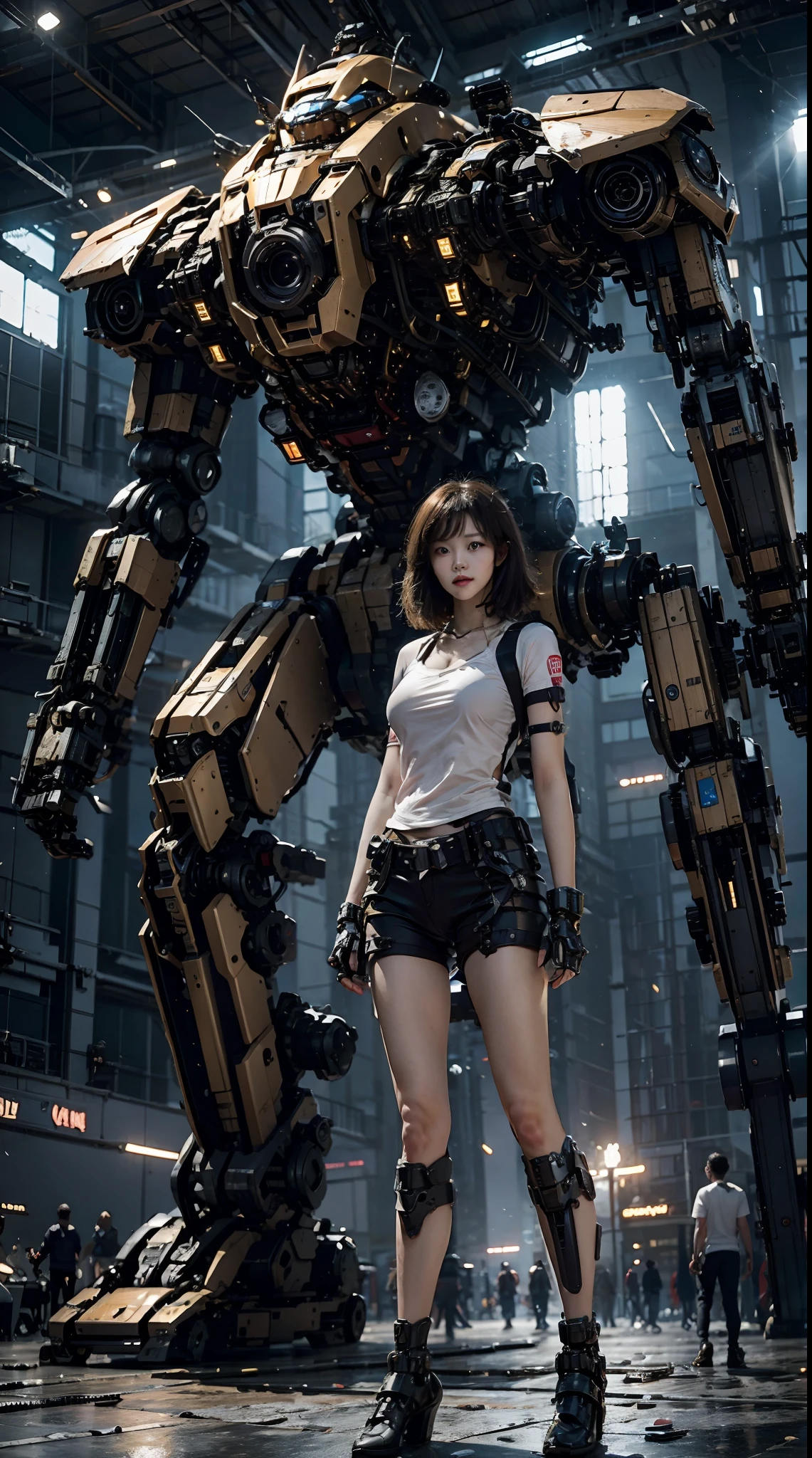 This is a CG Unity 8k wallpaper with ultra-detailed, high-resolution and top quality in cyberpunk style, dominated by black and red. In the picture, a beautiful girl with white messy short hair, a delicate face, wearing a steam mecha mask, standing on the ruins, behind her is a huge robot, and the action of a woman holding a heavy sniper rifle in her hand,