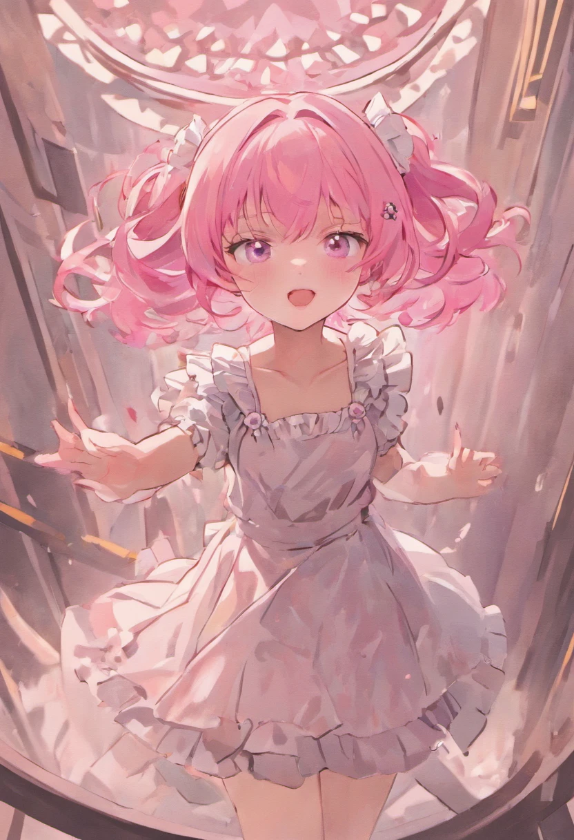 ((masterpiece)), best quality,extremely detailed,illustration, wet, (white_see-through_off_shoulder), (black_lettered_t-shirt), (purple blunt bangs), (short hair), (pink_hairclip), (hair ribbon),Moles under the blue_ eyes, navel, wrist_cuffs, Crescent earrings, pleated_miniskirt, (simple background), Gloomy (expression), (pink spectacled), ahoge