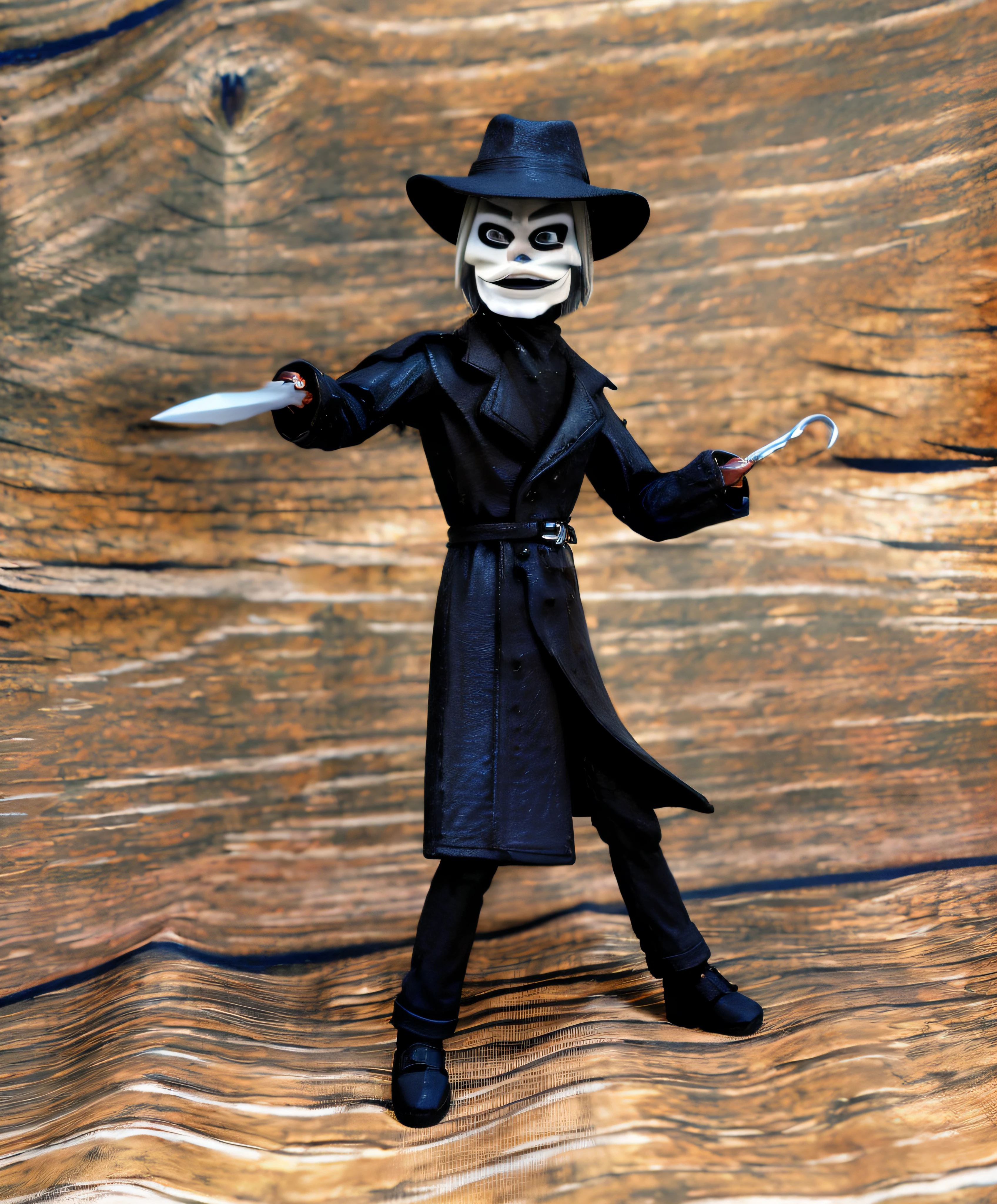 Blademan, photo \(object\), 3d \(artwork\), full body, from front position, standing, looking at viewer, lips apart, evil grin, right arm stabbing thrust, left arm out bent, legs apart, black hat \(villainous\), white face, grey hair, black coat, black shirt, silver buckle, black pants, black footwear