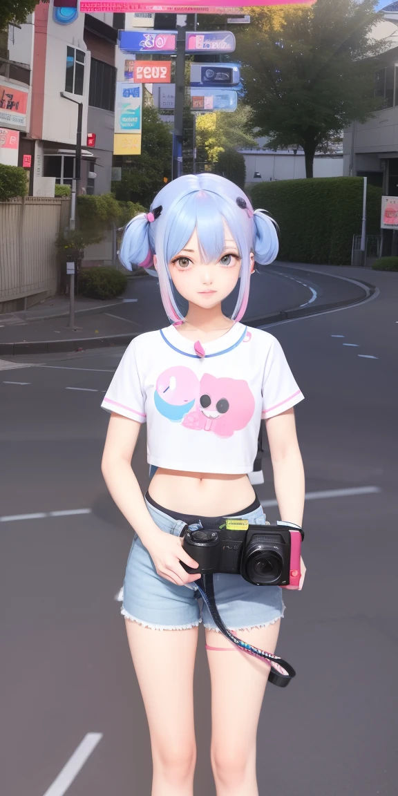 a close up of a person holding a camera on a street, live2d virtual youtuber model, pink twintail hair and cyan eyes, kawaii shirt and jeans, highly detailed full body, full body picture, y 2 k cutecore clowncore, anime vtuber full body model, 3rd-person camera!, ingame image, casual pose