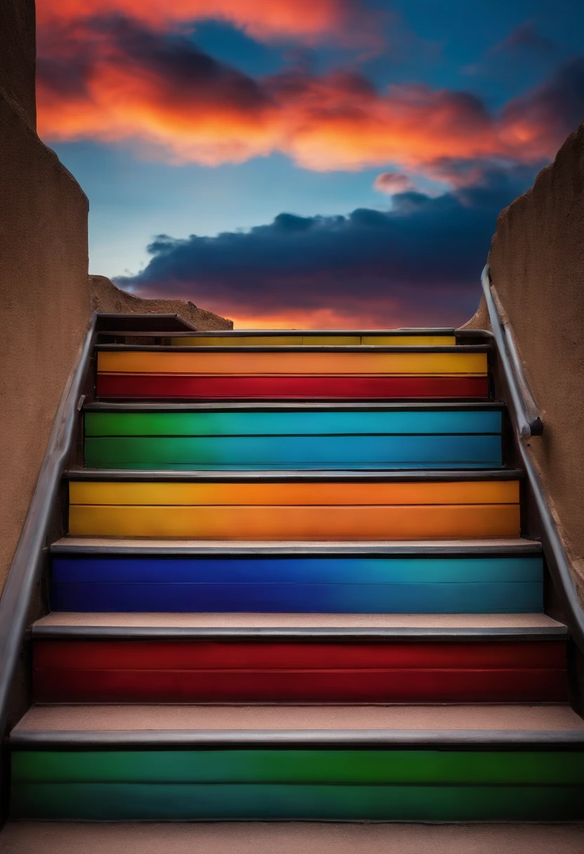 Close-up of the stairs leading to the rainbow sky, Very colorful stairway to heaven. The sky is full of iridescent clouds. This staircase leads from hell to heaven, Reflecting the colors of the heavens. Rainbow clouds lead you to a colorful sky. This path is known as the Rainbow Trail, Looks like iridescent eyes. The scene is full of beautiful colors, colorful skies, Rainbow Color, Heaven, Psychedelic sky, colorful image, And great colors.