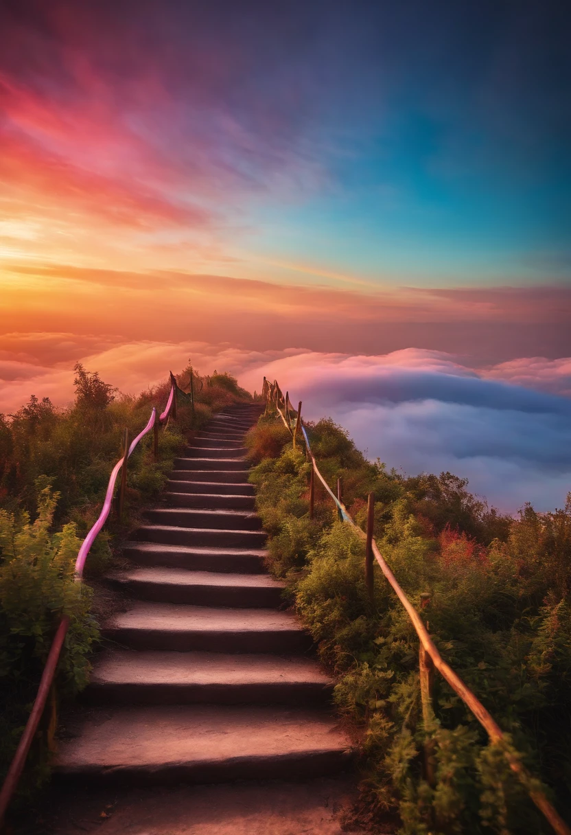 Close-up of the stairs leading to the rainbow sky, Very colorful stairway to heaven. The sky is full of iridescent clouds. This staircase leads from hell to heaven, Reflecting the colors of the heavens. Rainbow clouds lead you to a colorful sky. This path is known as the Rainbow Trail, Looks like iridescent eyes. The scene is full of beautiful colors, colorful skies, Rainbow Color, Heaven, Psychedelic sky, colorful image, And great colors.