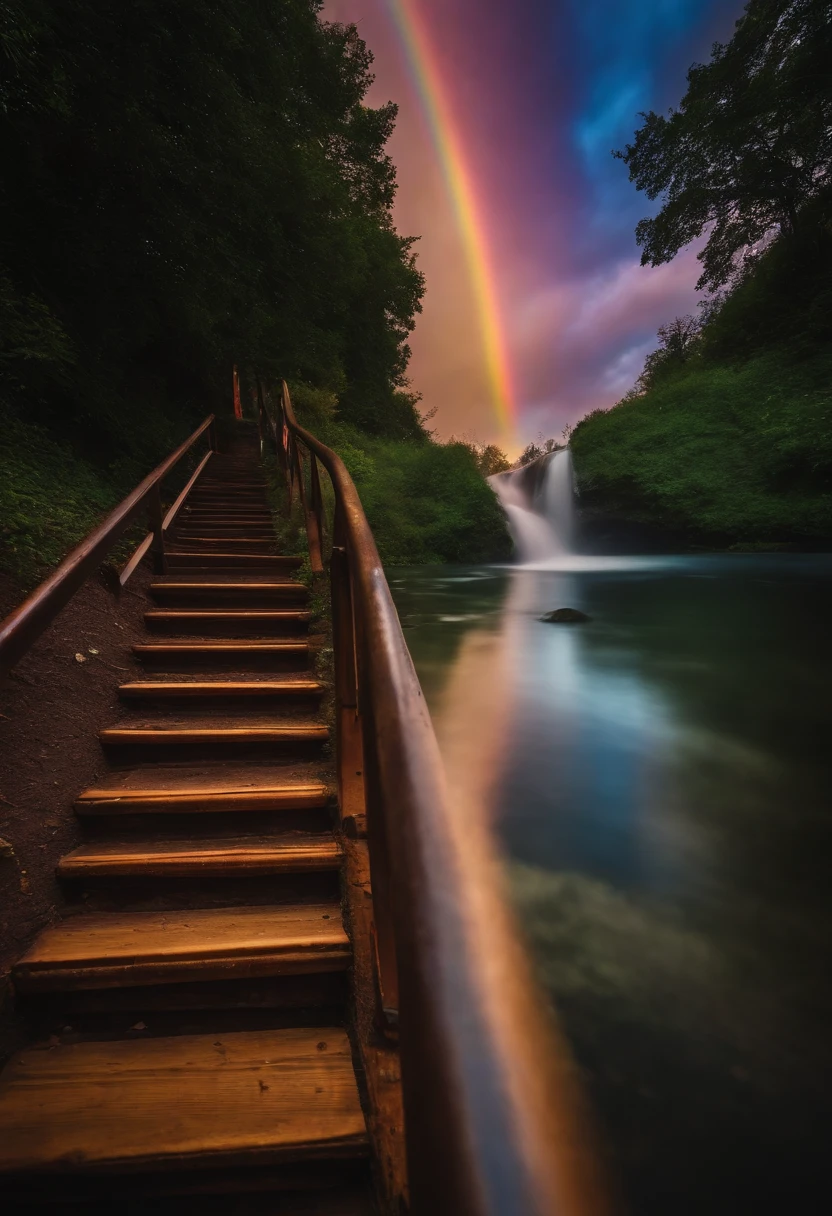 Close-up of the stairs leading to the rainbow sky, Very colorful stairway to heaven. The sky is full of iridescent clouds. This staircase leads from hell to heaven, Reflecting the colors of the heavens. Rainbow clouds lead you to a colorful sky. This path is known as the Rainbow Trail, Looks like iridescent eyes. The scene is full of beautiful colors, colorful skies, Rainbow Color, Heaven, Psychedelic sky, colorful image, And great colors.