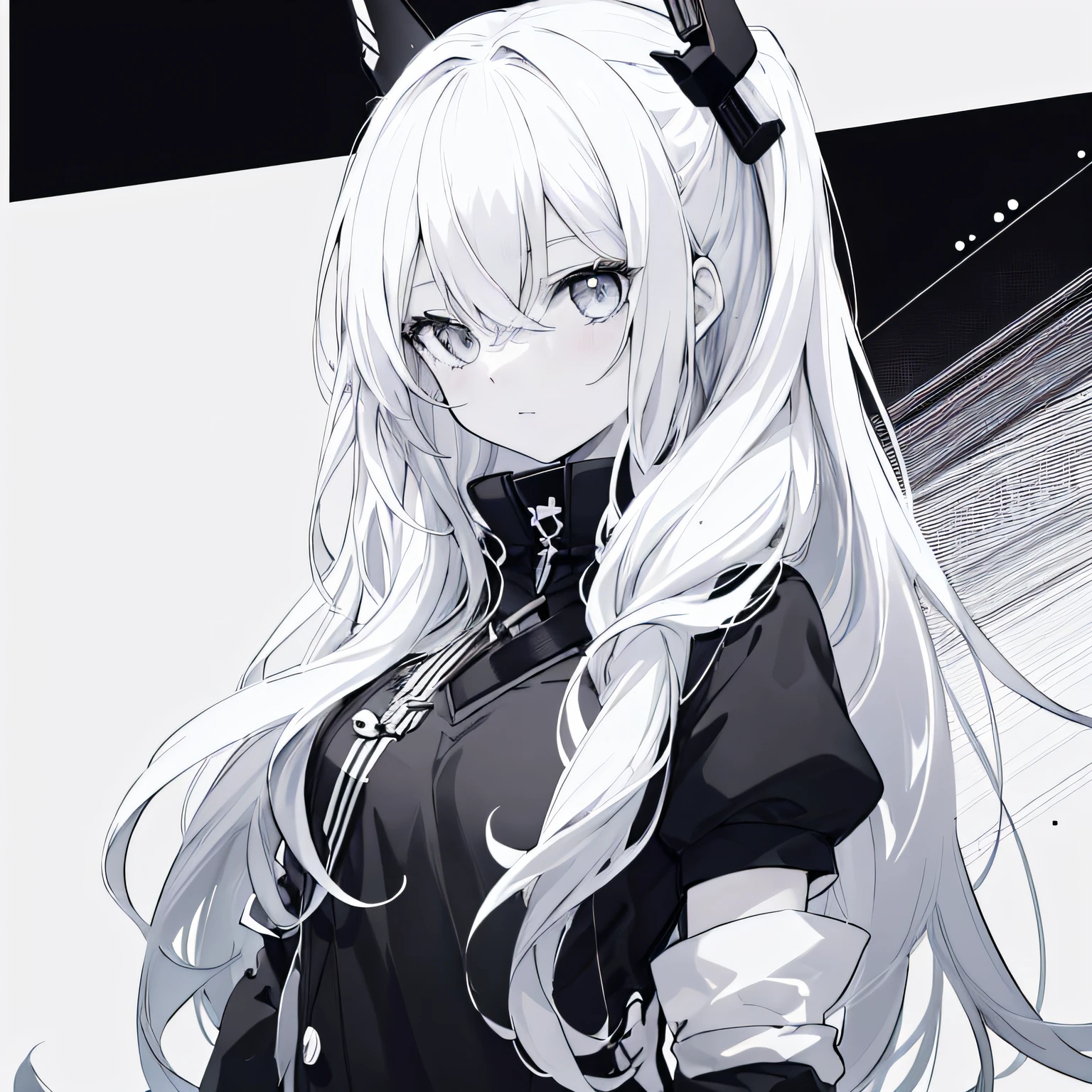 a drawing of a girl with long hair and a black top, Dicke schwarze Lineart, Intensive Strichzeichnungen, Dicke Strichzeichnungen, Saubere Anime-Umrisse, Intensive schwarze Linienkunst, Extrem feine Tinte Lineart, Black and white manga style, Beautiful line drawings, Perfekte Lineart, Anime girl with long hair, Strichzeichnungen!!, Black and white line art