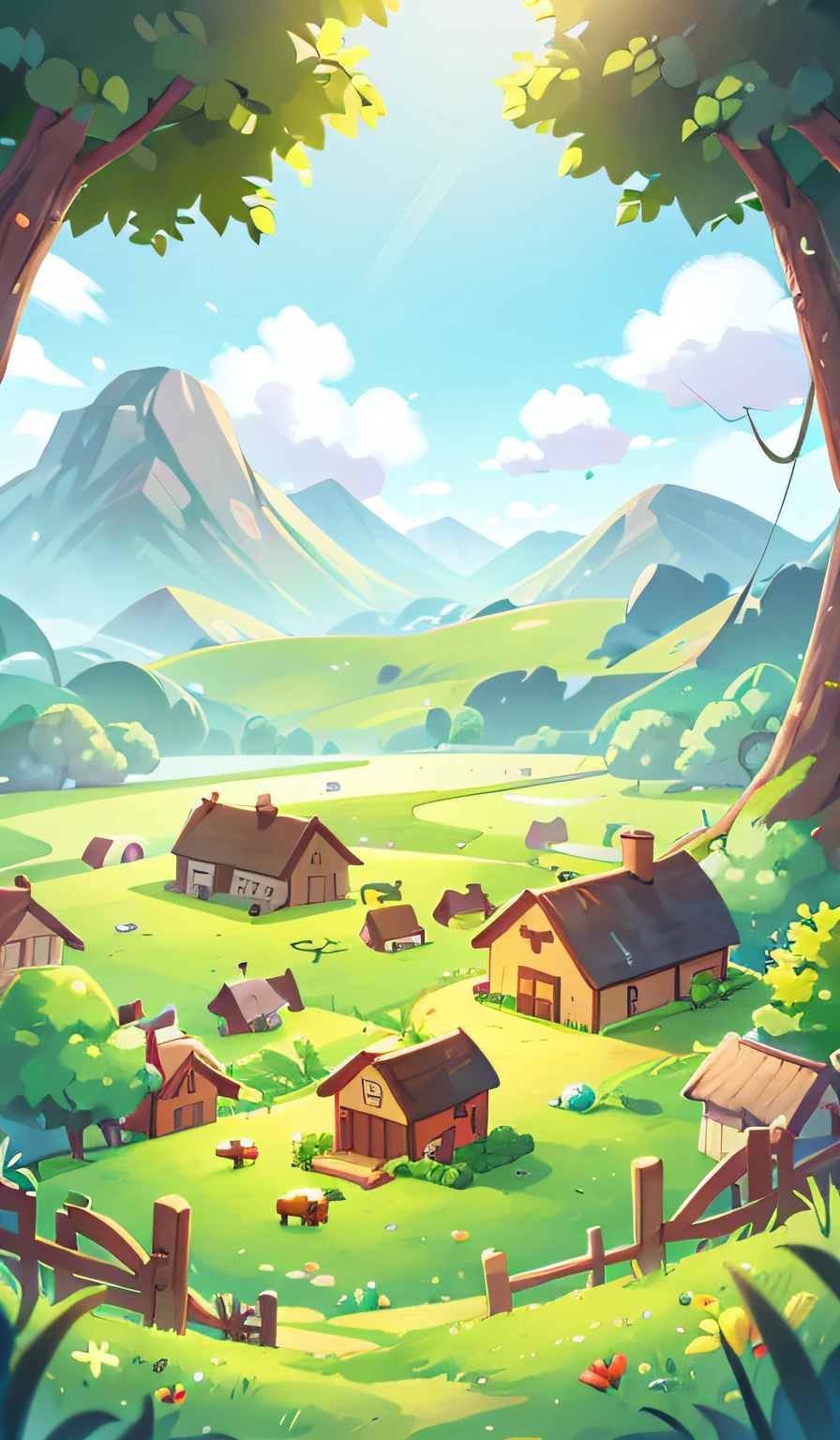 View of the small farm Alafeld, Mobile game art, Stylized game art, Mobile game background, isometric game art,Game architecture design, farms,Cartoony, A large wheat field,farms,fences, steins, grassy,verdure, Wheat, the trees, Critters, casual game style, 。.3D, tmasterpiece, super detailing,Best quality at best