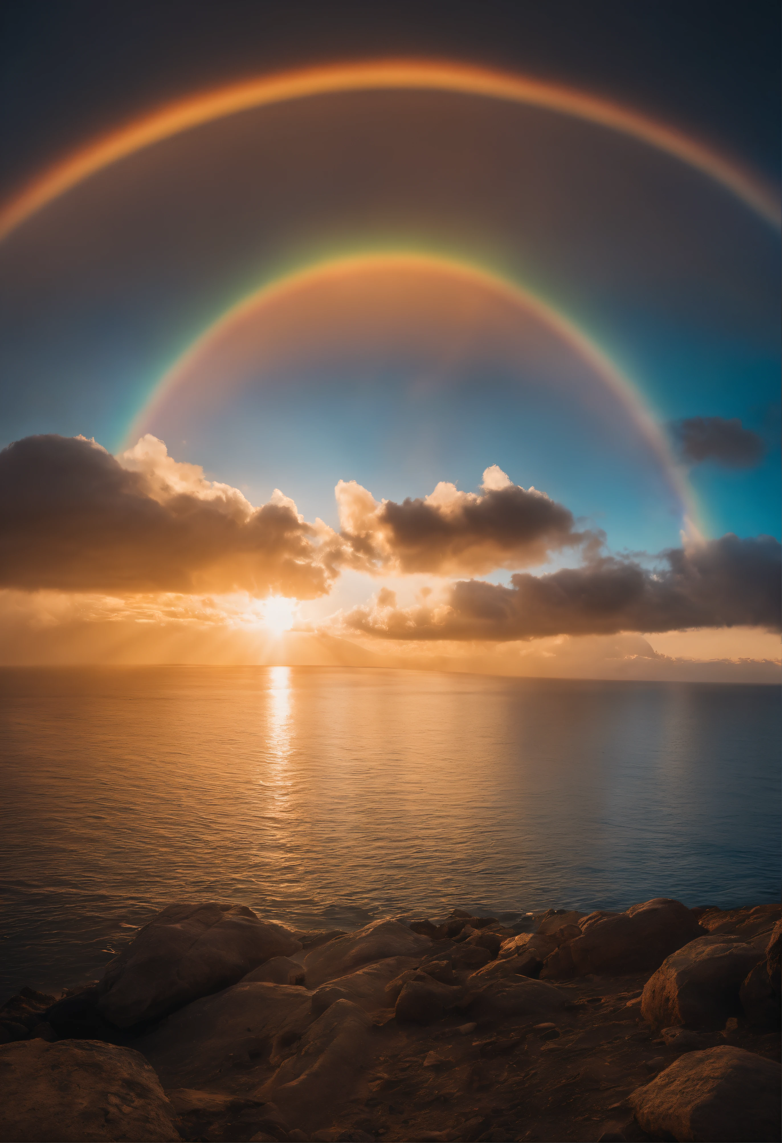 A close-up of a rainbow-colored circle in the sky. The scene features a rainbow that resembles air and is filled with rainbow-colored clouds. This is a very colorful heaven. The clouds are rainbow-colored and lit by a holy light halo. The scene also includes a clear rainbow galaxy and a stormy sea. A rainbow is visible in the sky, surrounded by a light synchrotron halo. The scene also features an air-like rainbow nimbus and a bright rainbow nimbus, as well as a prism halo. The space shines with rainbow colors, illuminated by heavenly light. This is one of the most beautiful images ever created.