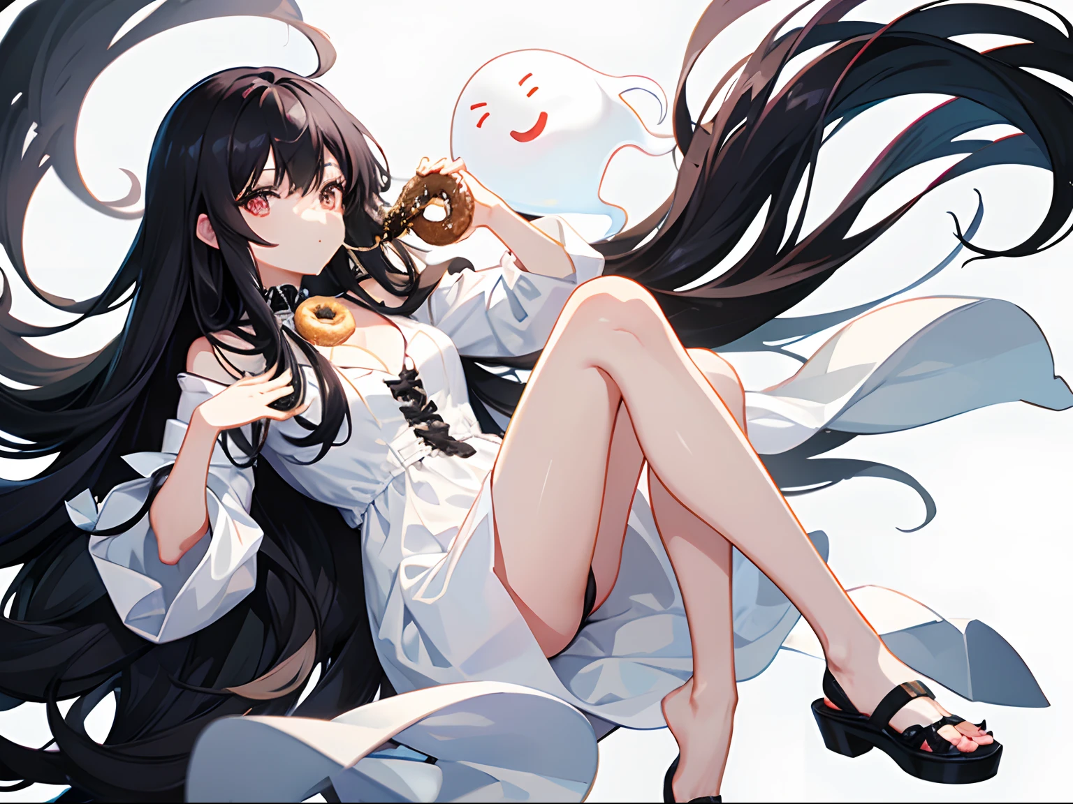 a ghost anime, long hair, ((black hair:1.2)) hair cover eyes, full body, white dress, eating a donut, bright background