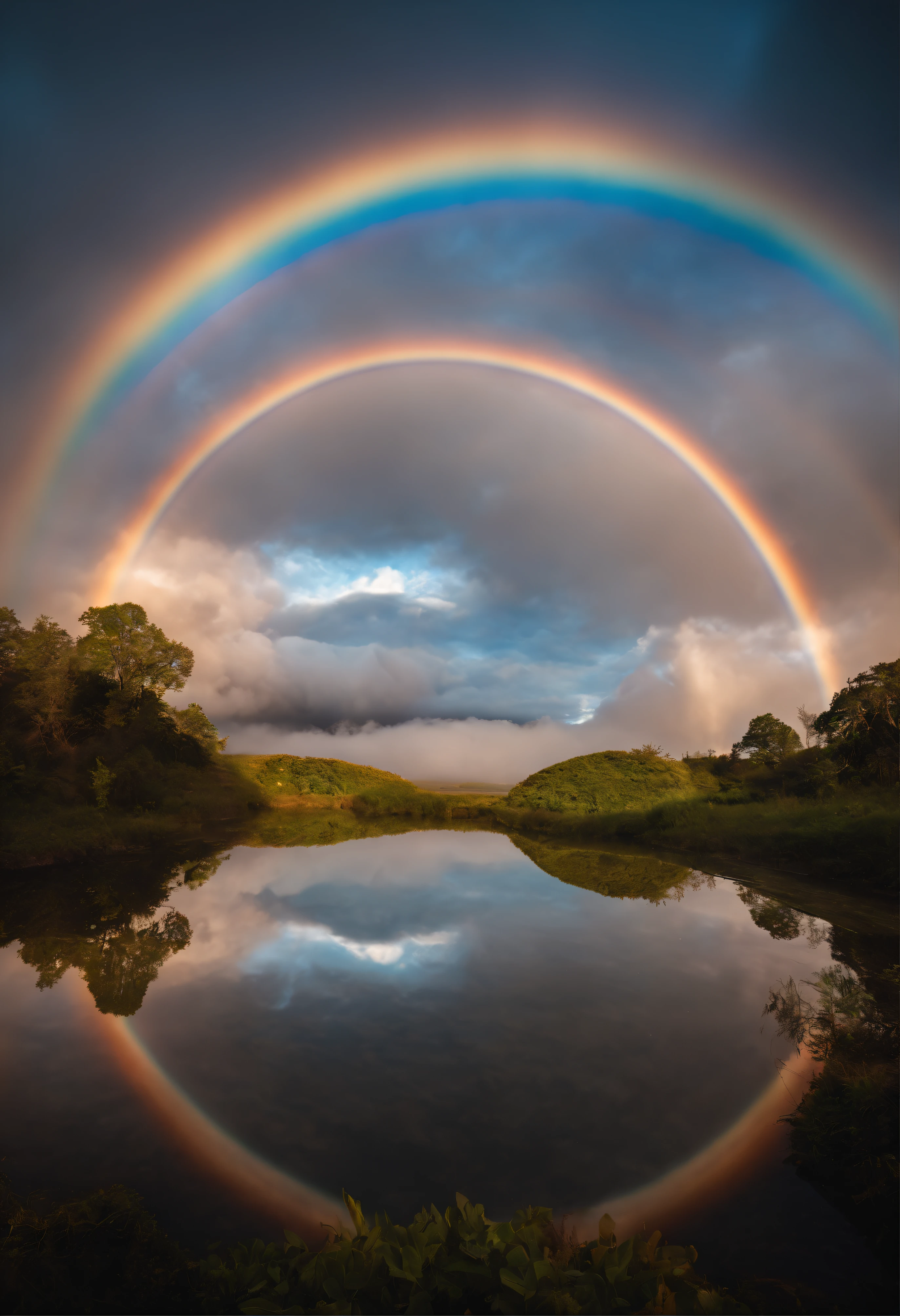 A close-up of a rainbow-colored circle in the sky. The scene features a rainbow that resembles air and is filled with rainbow-colored clouds. This is a very colorful heaven. The clouds are rainbow-colored and lit by a holy light halo. The scene also includes a clear rainbow galaxy and a stormy sea. A rainbow is visible in the sky, surrounded by a light synchrotron halo. The scene also features an air-like rainbow nimbus and a bright rainbow nimbus, as well as a prism halo. The space shines with rainbow colors, illuminated by heavenly light. This is one of the most beautiful images ever created.