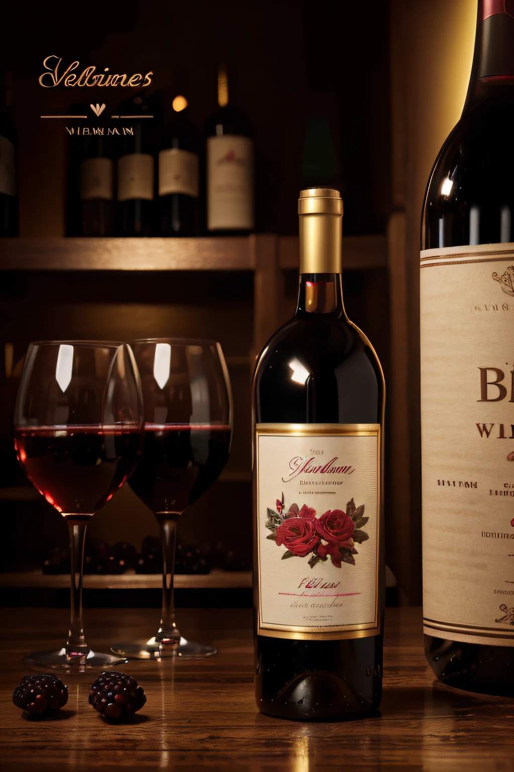 packaging design of wine bottle with golden label with the name "Valentine" high quality wine , background should be a blackberry
