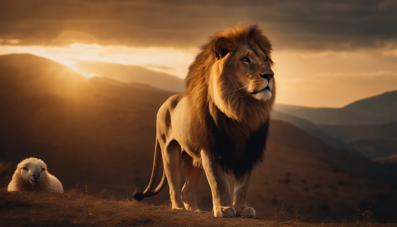 Lion with golden crown sticking out a gorgeous glow from the crown on a mountain and sheep around it