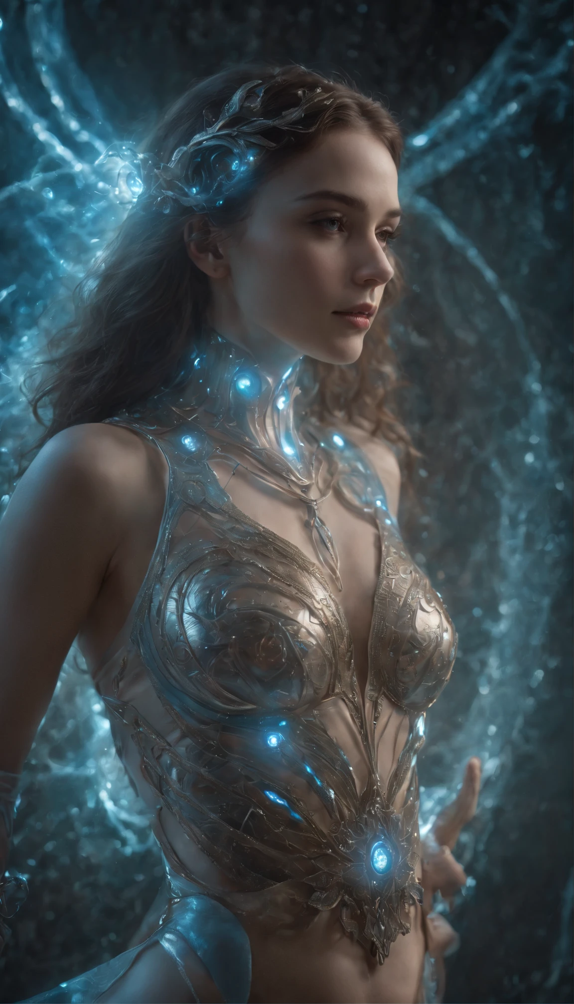(best quality,4k,8k,Altas,master part), ultra-detalhado,(Realistic,fotorrealista,photo-realistic), Angelic woman with a mechanical body, Cyber Members & Resources,belos olhos detalhados,beautiful detailed lips,silver metallic skin, olhos brilhantes, chamas vibrantes, aura poderosa, energia intensa, Penas flamejantes[best quality], Detailed metallic textures, efeitos incandescentes, dynamic compositing, cores vibrantes, etherial lighting. (cosmico,celestial) Power-ups and explosions,beleza sobrenatural,Transformative experience,Despertar Espiritual,emerging from the darkness, glowing circuitry patterns,Ethereal halo above your head,luzes neon coloridas refletindo em seu corpo, ethereal atmosphere,Formas evolutivas,simetria divina,Surreal Dimensions,illusory effects,Aura luminosa,calor intenso e chamas,Raios de luz deslumbrantes, serene expression on his face,pose flutuante graciosa,Aura serena e misteriosa,esquivo e elegante,paleta de cores suave com um toque de azul,soft and diffuse lighting,Creating a dreamlike environment.