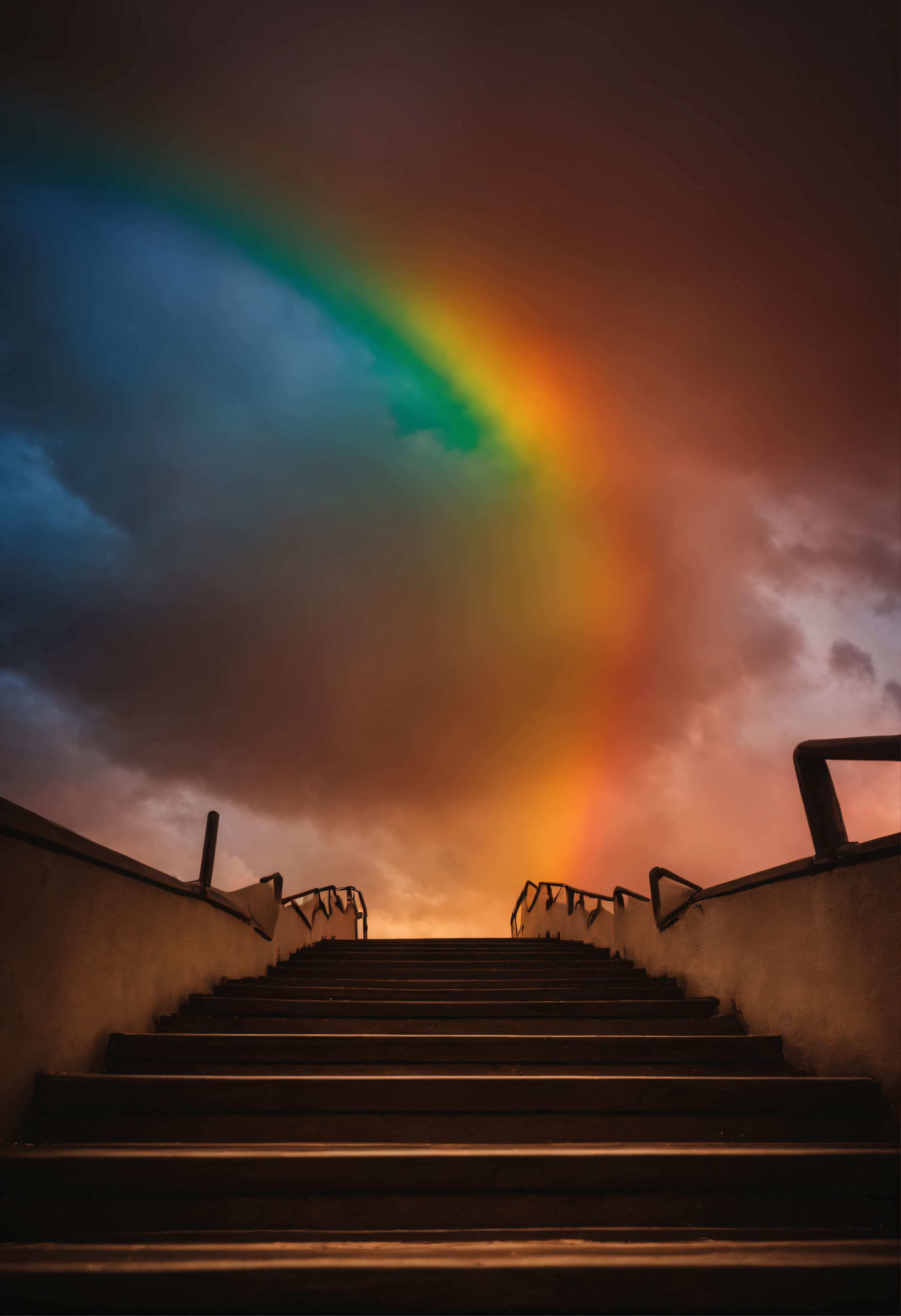 A close-up of a staircase leading to a sky with a rainbow, a stairway to a very colorful heaven. The sky is filled with rainbow-colored clouds. This staircase leads from hell to heaven, reflecting the colors of heaven. It leads to a colorful sky with rainbow-colored clouds. The pathway is known as the Rainbow trail, appearing like rainbow-colored eyes. The scene is filled with beautiful colors, a colorful sky, rainbow color, heaven, a psychedelic sky, a colorful image, and wonderful colors.