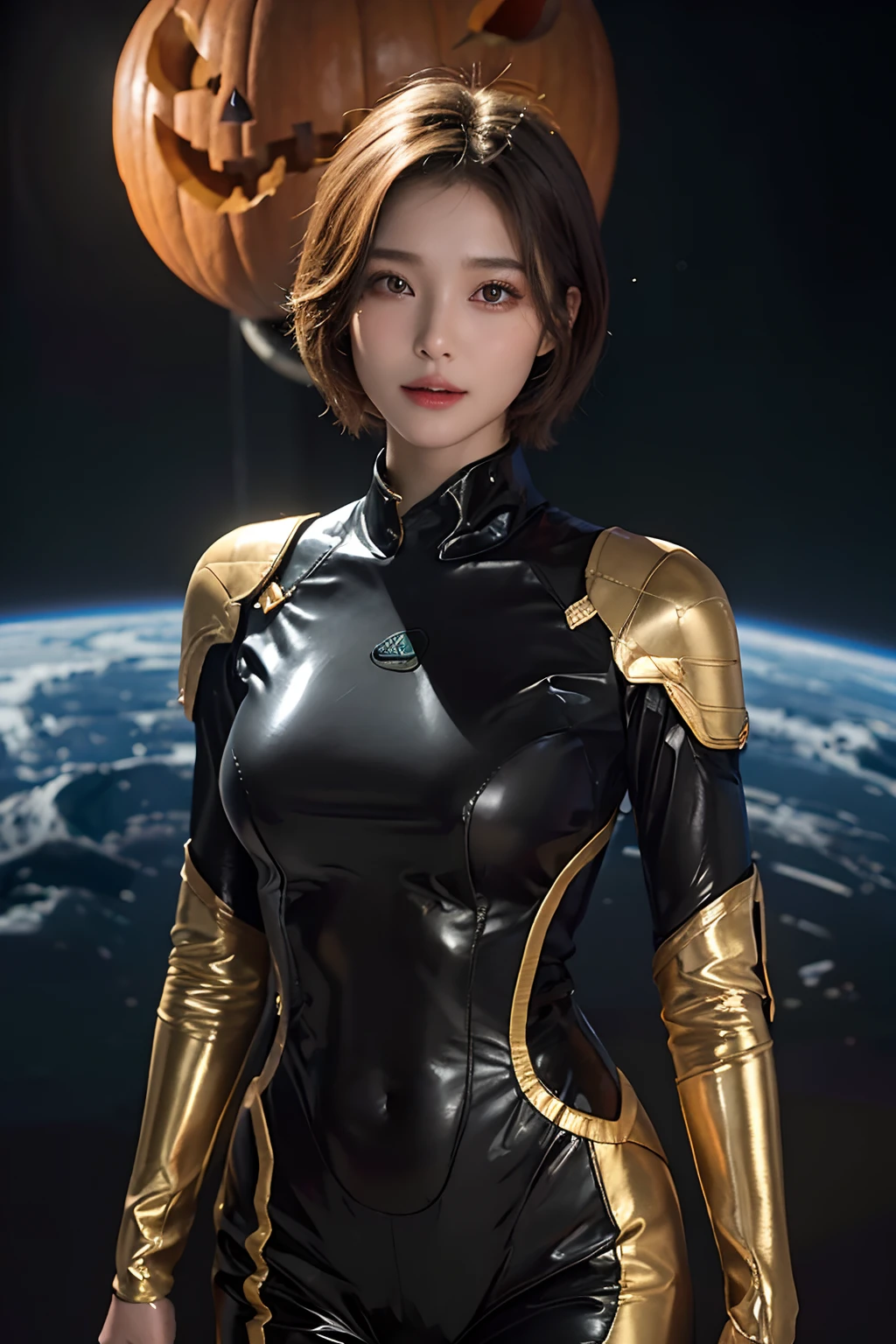top-quality、​masterpiece、超A high resolution、(realisitic:1.4)、Beautuful Women１、Beautiful detail eyes and skin、ssmile、Light brown short-cut hair、The perfect spacesuit、spaceships、cosmic space、Giant pumpkin、the bats、Halloween、