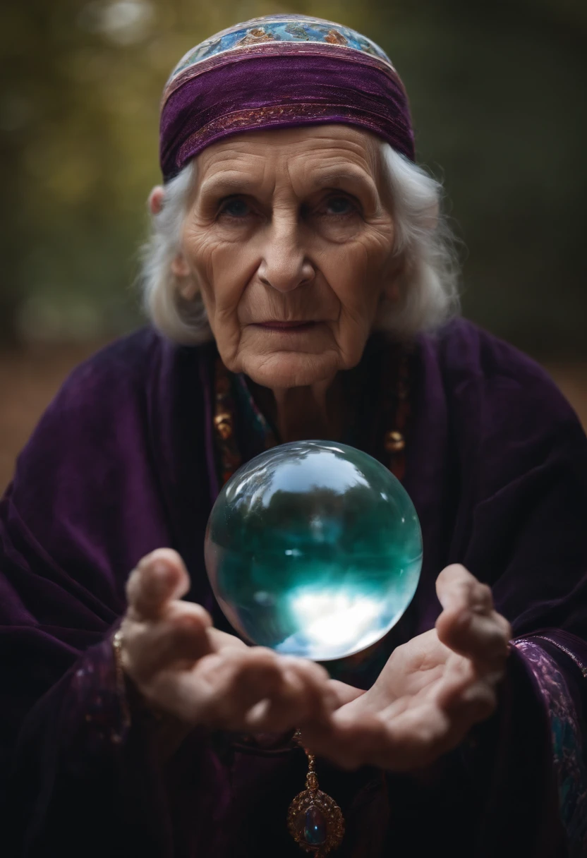 Elderly Psychic With Crystal Ball With Crystal Ball Looking Ahead