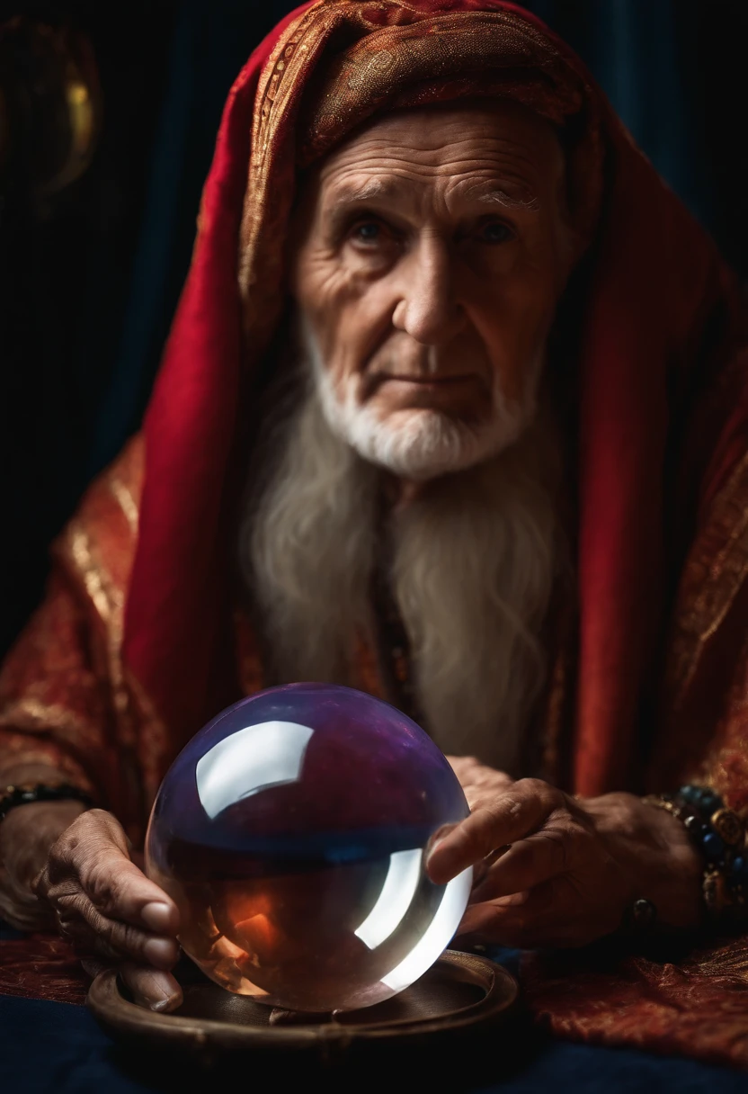 Elderly Psychic With Crystal Ball With Crystal Ball Looking Ahead