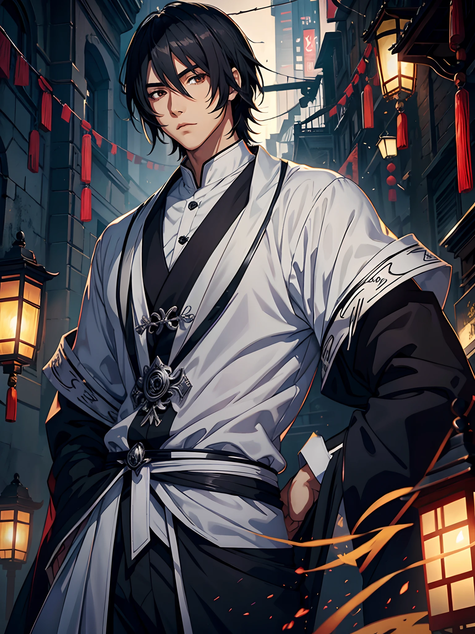 anime handsome man, silver clothes, black hair, chinese lanterns