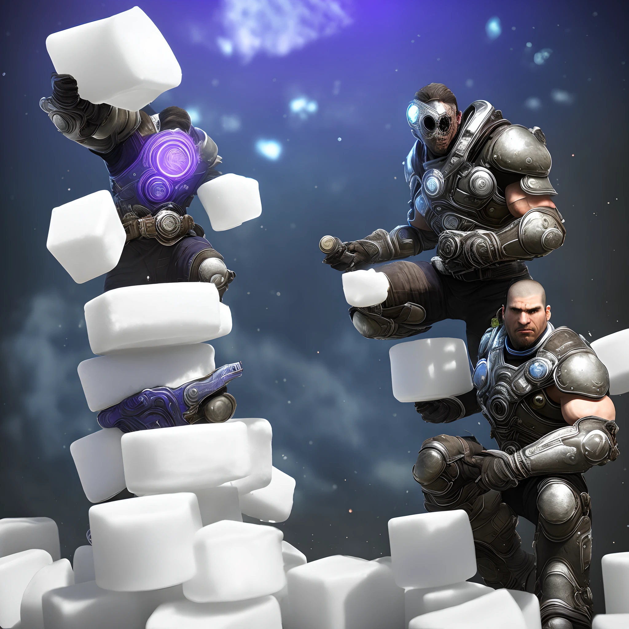 Hyper realistic Marcus Fenix from gears of war in his armor sitting on top of the rift worm looking up to the sky holding a white styrofoam cup stacked on top of another whit styrofoam cup with glowing purple liquid